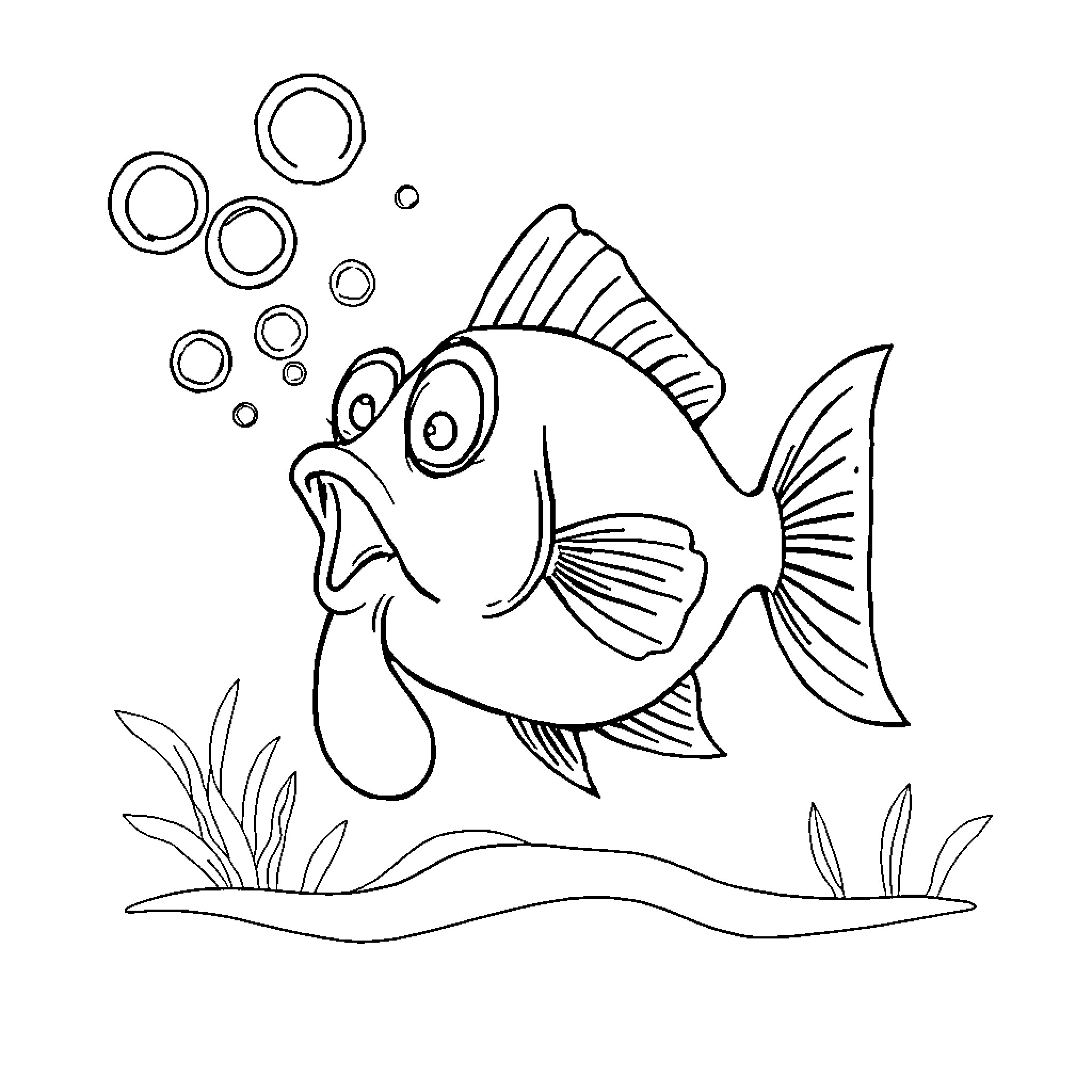 Fish with Bubbles Swimming in Water Coloring Page (free black-and-white line drawing printable PDF for all, from beginners to advanced learners, including children, teens, adults, and seniors)