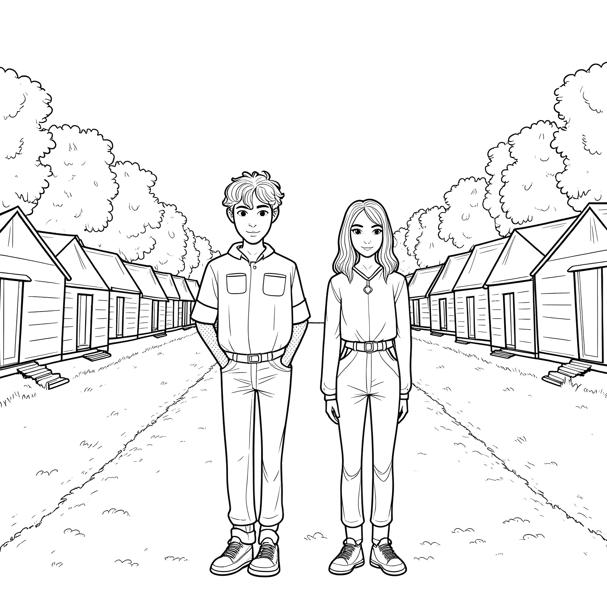 Percy Jackson and Annabeth Chase exploring the neighborhood Coloring Page (free black-and-white line drawing printable PDF for all, from beginners to advanced learners, including children, teens, adults, and seniors)