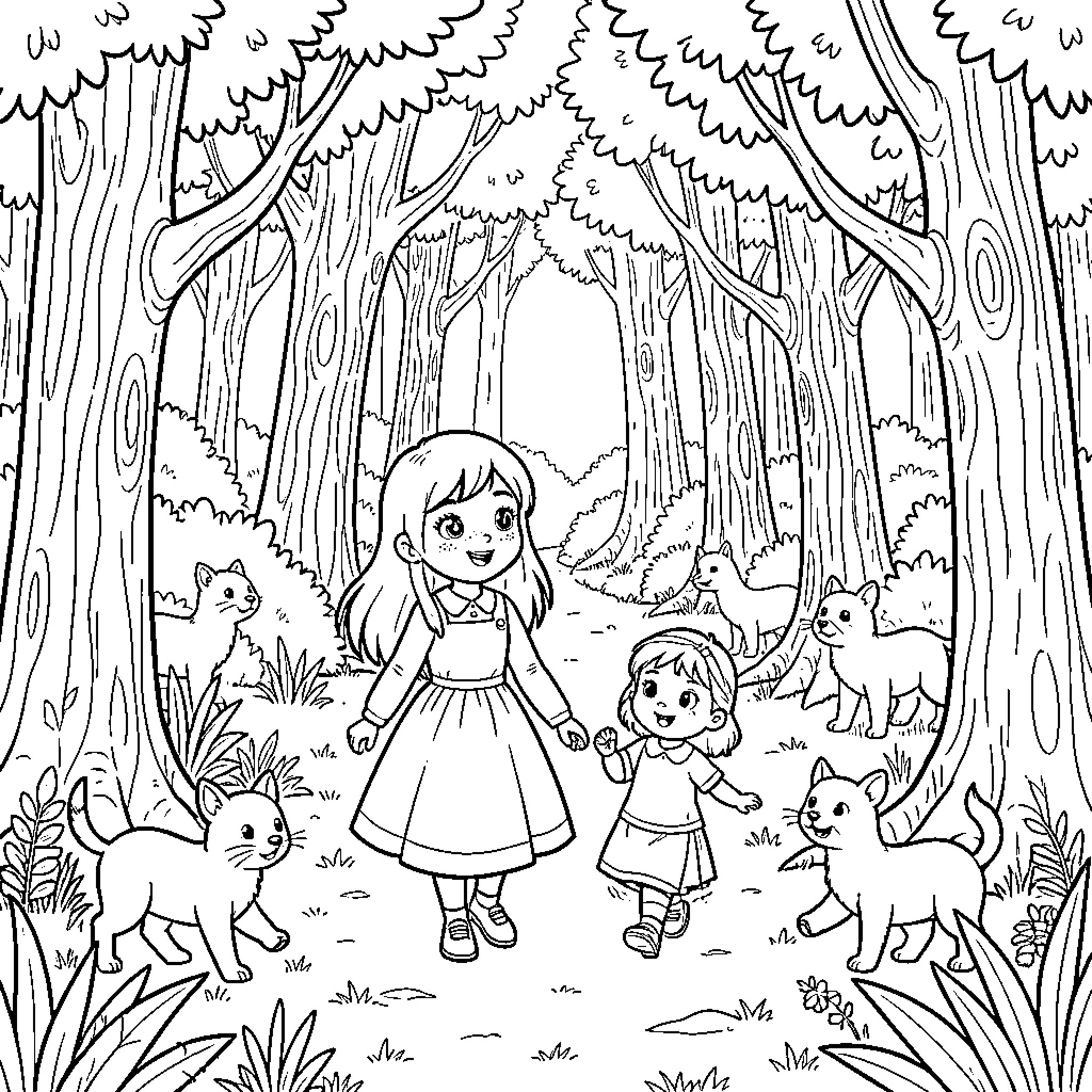 Masha walking joyfully through a forest with animal friends Coloring Page (free black-and-white line drawing printable PDF for all, from beginners to advanced learners, including children, teens, adults, and seniors)