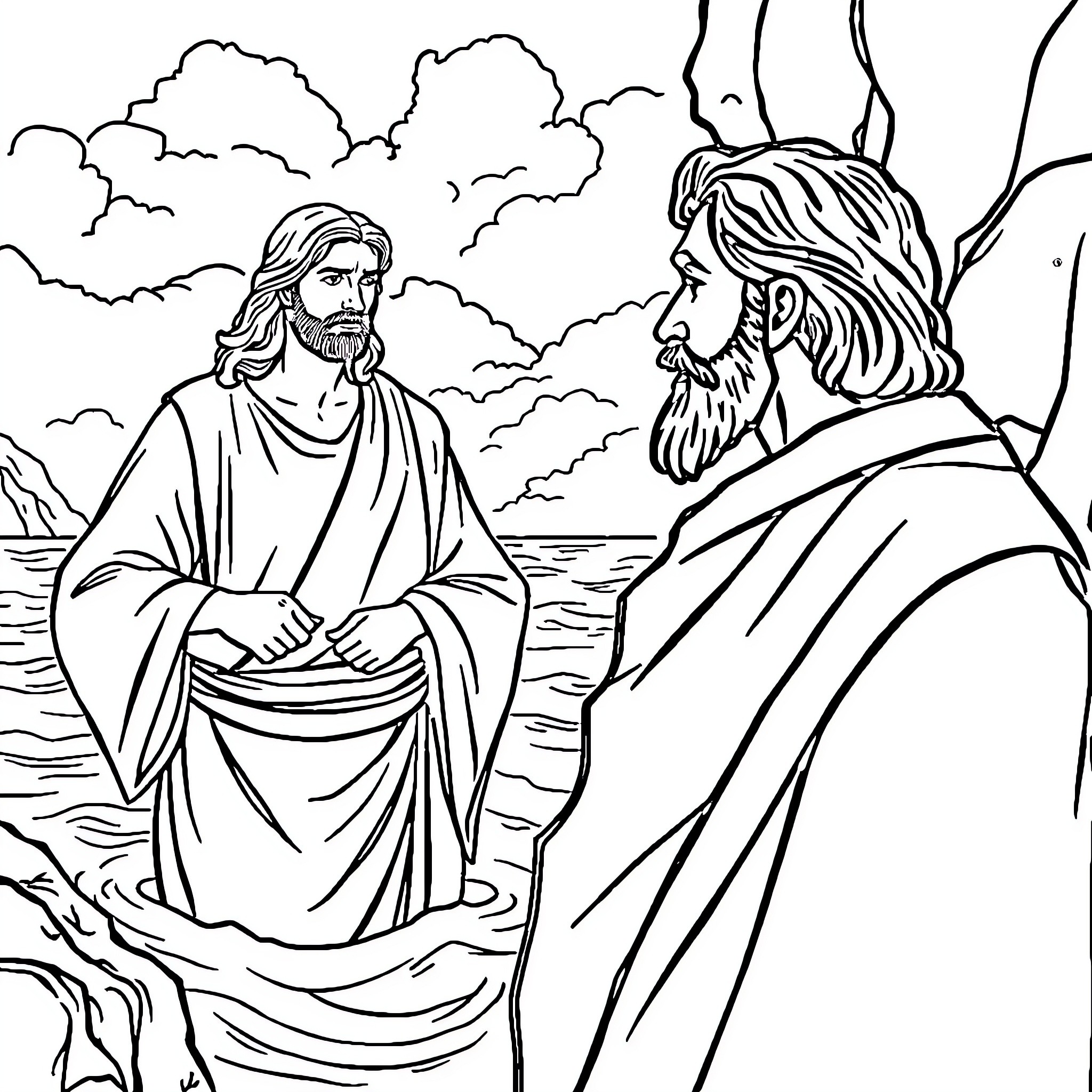 Jesus and John the Baptist meet at the Jordan River Coloring Page (free black-and-white line drawing printable PDF for all, from beginners to advanced learners, including children, teens, adults, and seniors)