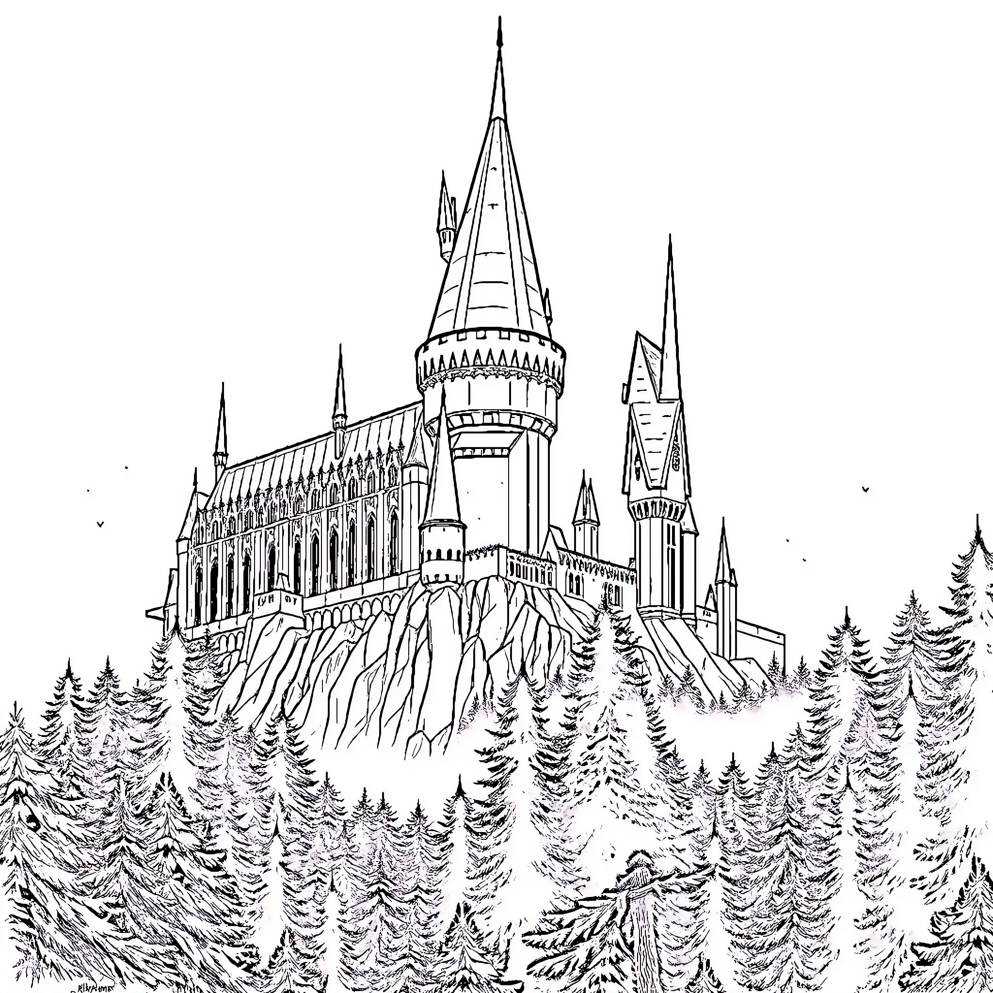 Hogwarts castle in the magical forest Coloring Page (free black-and-white line drawing printable PDF for all, from beginners to advanced learners, including children, teens, adults, and seniors)