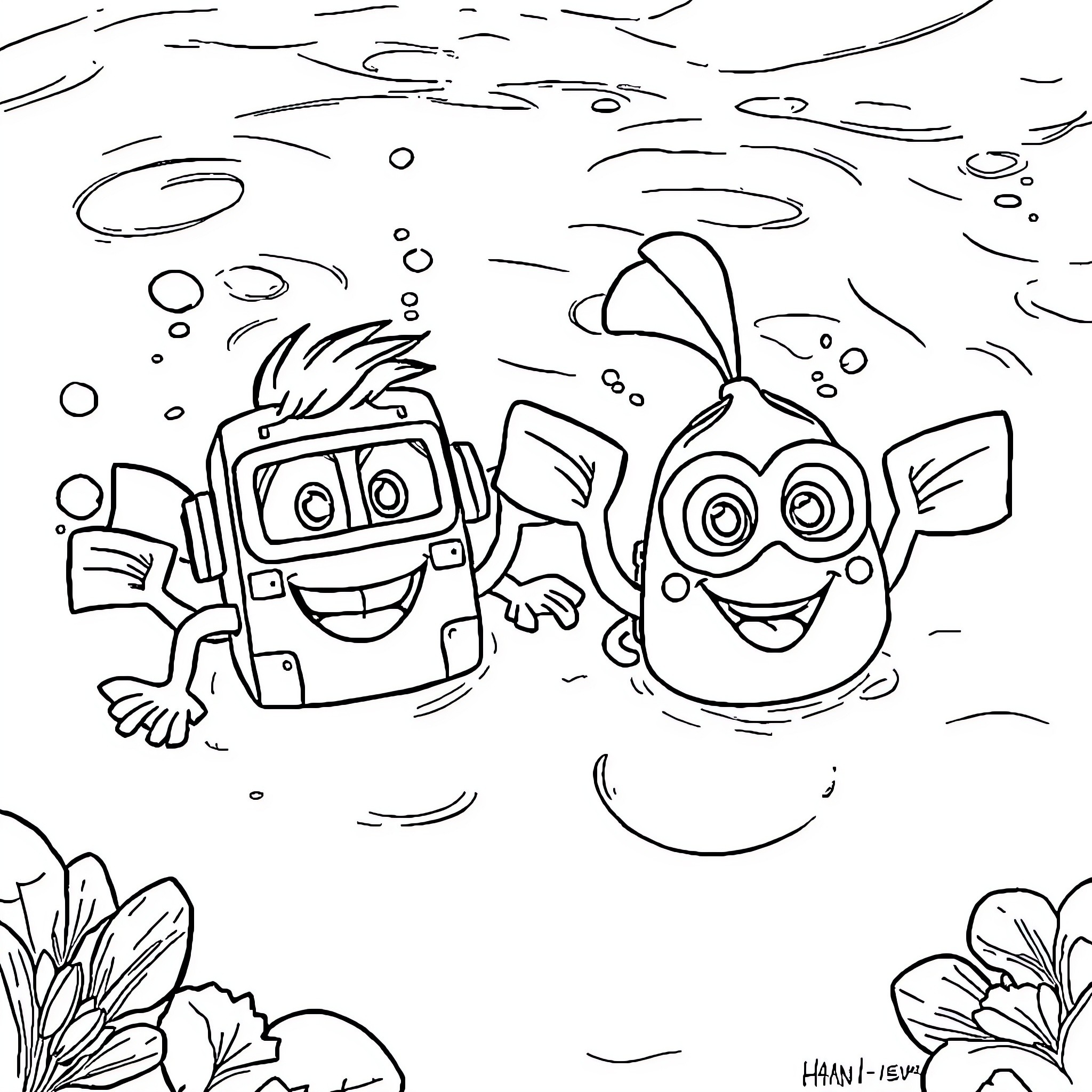 Rubble of playful robot characters underwater Coloring Page (free black-and-white line drawing printable PDF for all, from beginners to advanced learners, including children, teens, adults, and seniors)