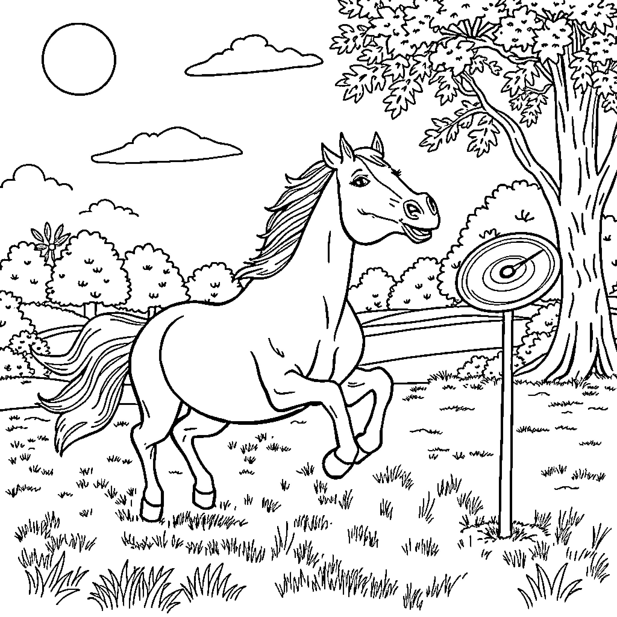 Horse running freely in a natural landscape Coloring Page (free black-and-white line drawing printable PDF for all, from beginners to advanced learners, including children, teens, adults, and seniors)