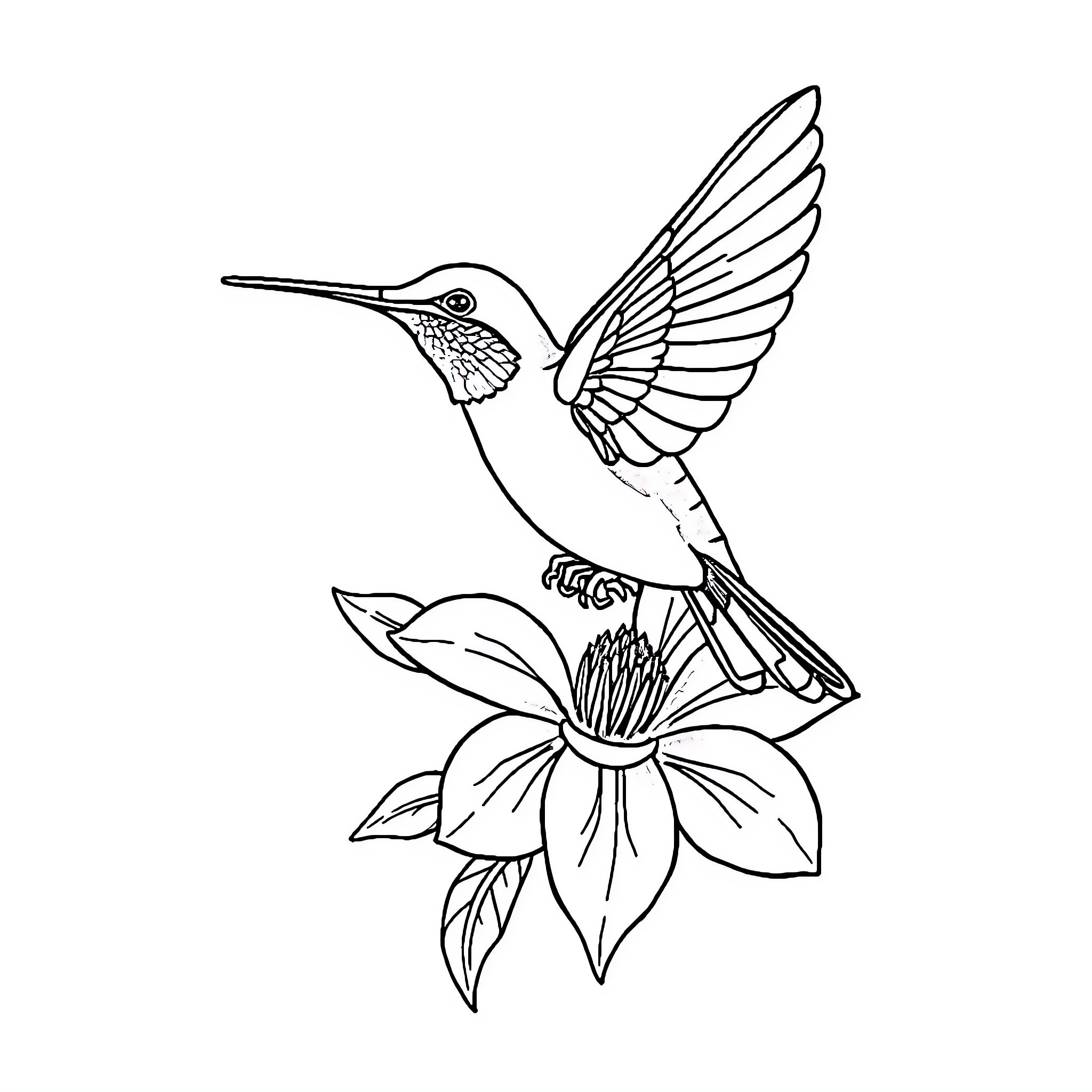 Hummingbird hovering near flower Coloring Page (free black-and-white line drawing printable PDF for all, from beginners to advanced learners, including children, teens, adults, and seniors)