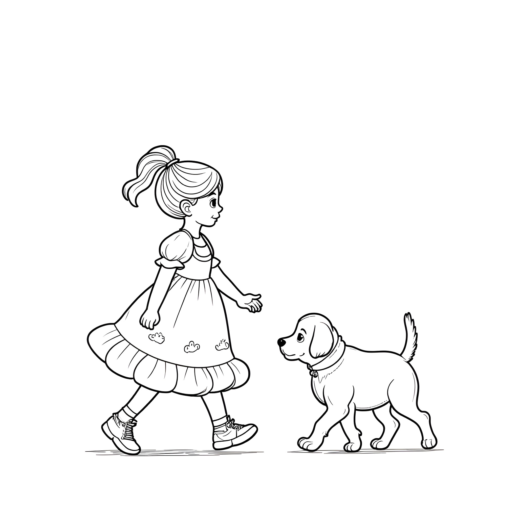 Girl walking her puppy in the park Coloring Page (free black-and-white line drawing printable PDF for all, from beginners to advanced learners, including children, teens, adults, and seniors)