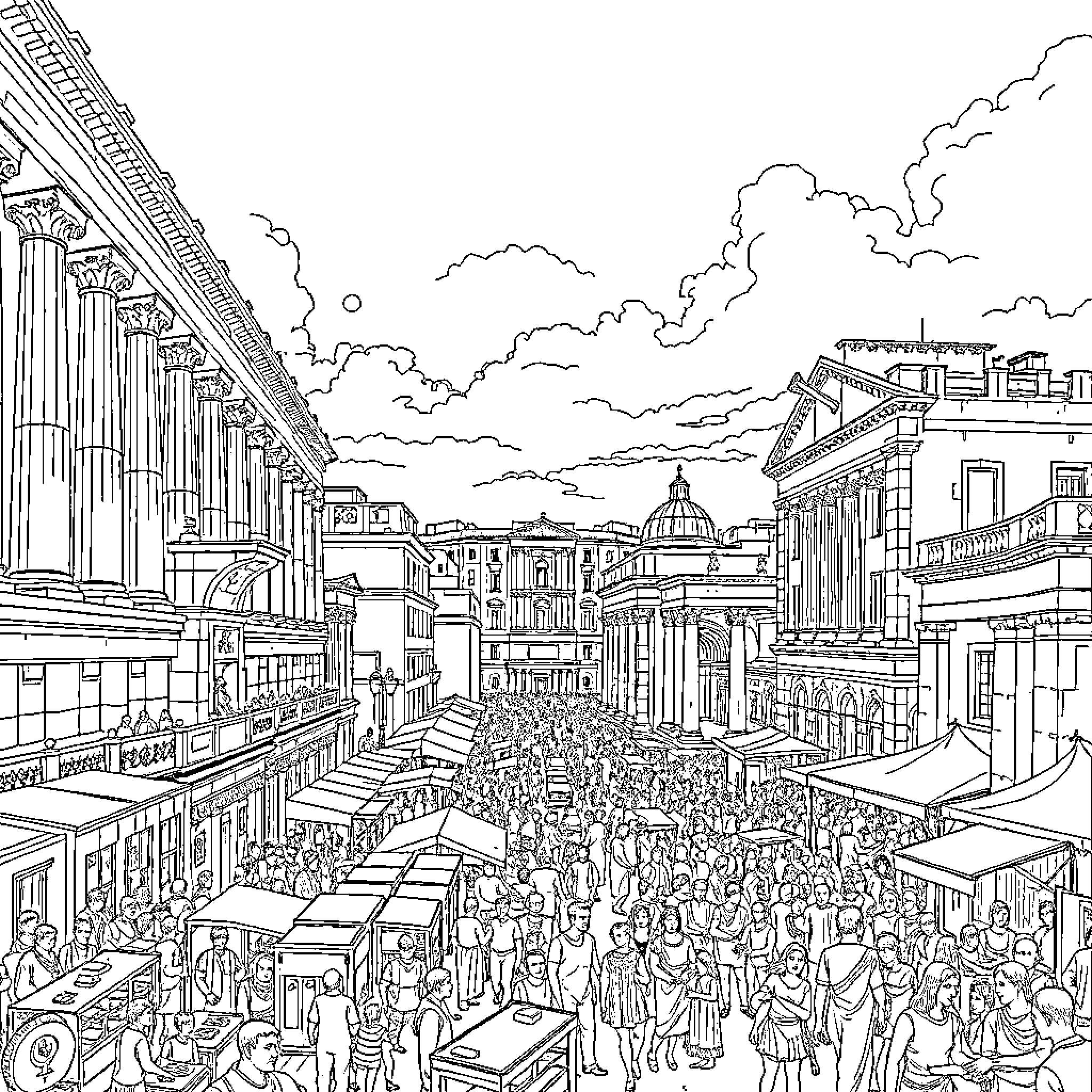 Rome's Bustling Marketplace: A Lively Scene Coloring Page (free black-and-white line drawing printable PDF for all, from beginners to advanced learners, including children, teens, adults, and seniors)