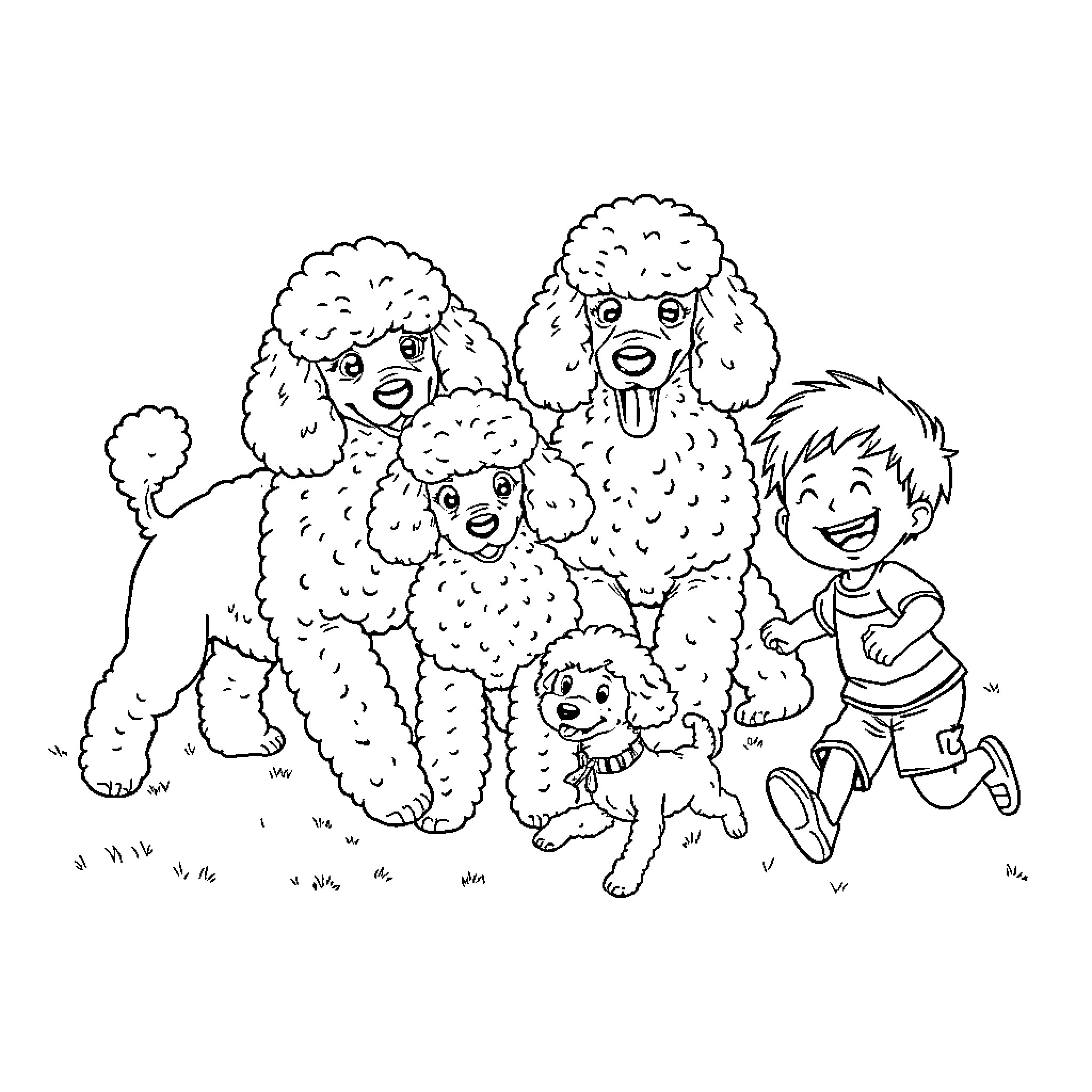 Dog family playing together happily in the park Coloring Page (free black-and-white line drawing printable PDF for all, from beginners to advanced learners, including children, teens, adults, and seniors)