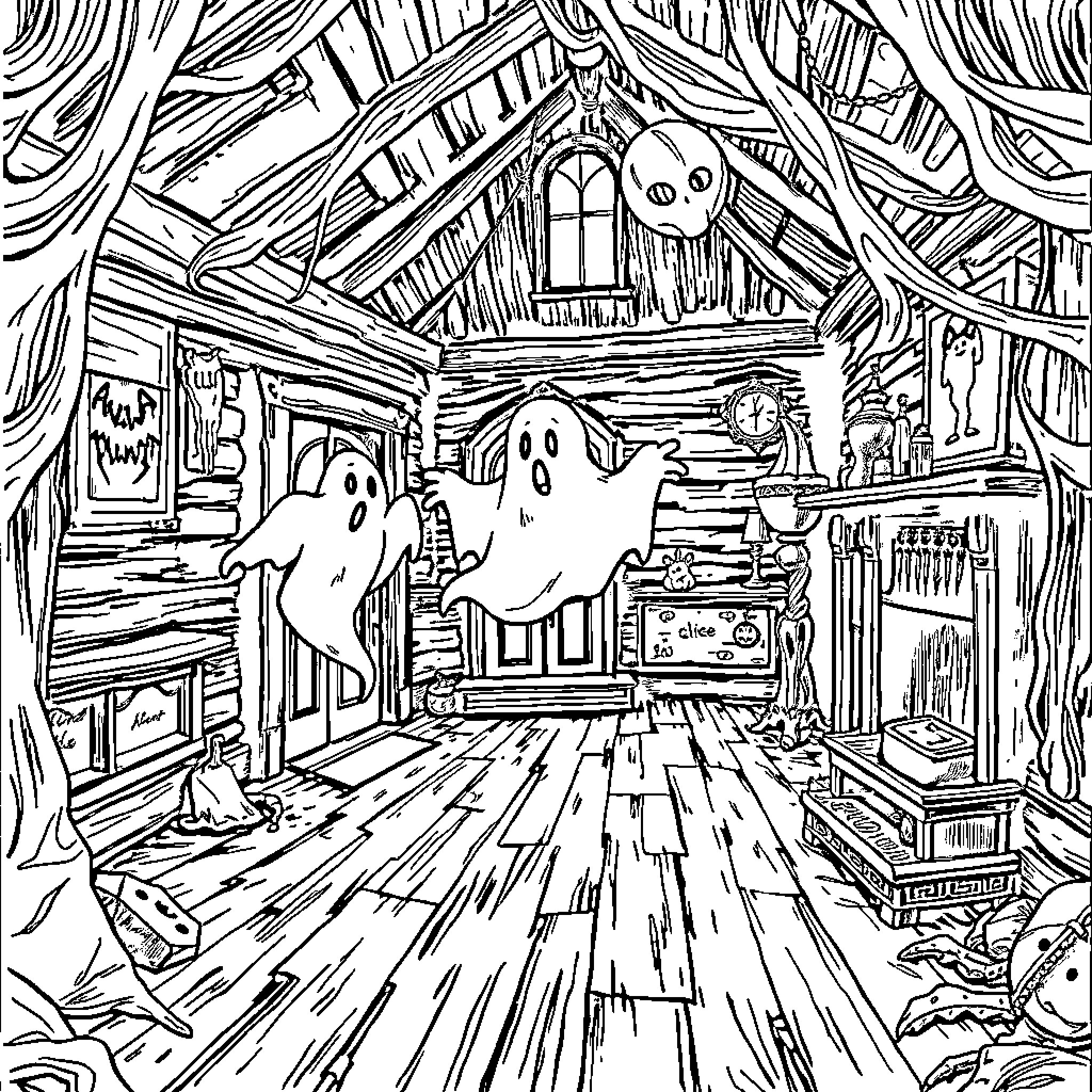 Ghost party in a haunted cabin Coloring Page (free black-and-white line drawing printable PDF for all, from beginners to advanced learners, including children, teens, adults, and seniors)