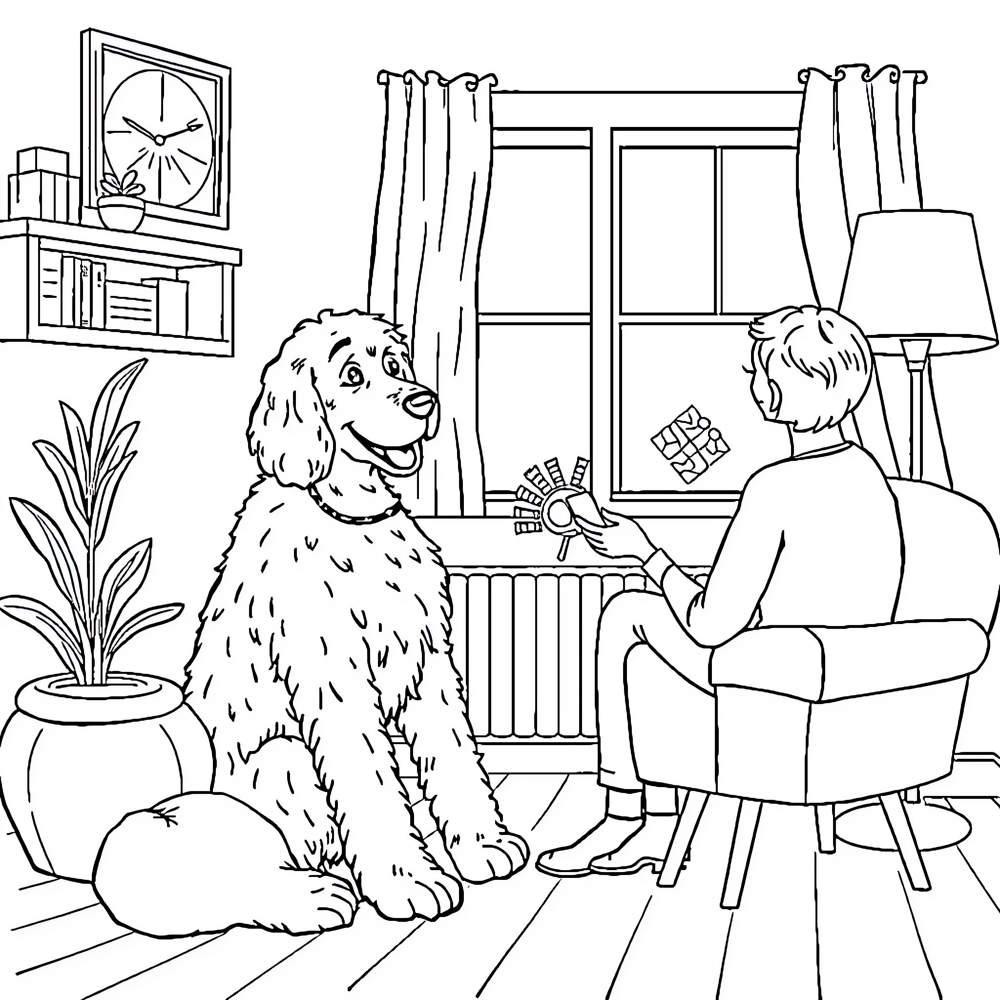 Golden Doodle relaxing with owner in cozy home Coloring Page (free black-and-white line drawing printable PDF for all, from beginners to advanced learners, including children, teens, adults, and seniors)