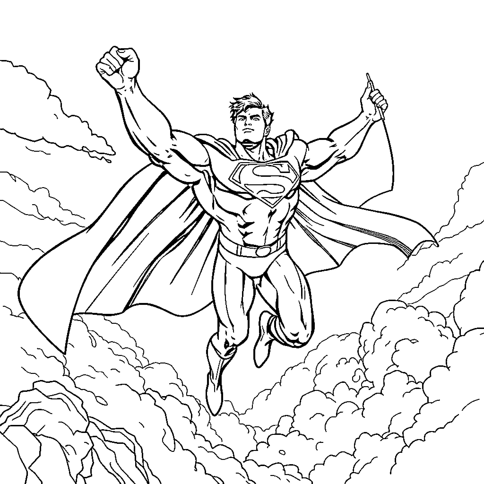 Superman soaring through the sky with heroic pose Coloring Page (free black-and-white line drawing printable PDF for all, from beginners to advanced learners, including children, teens, adults, and seniors)