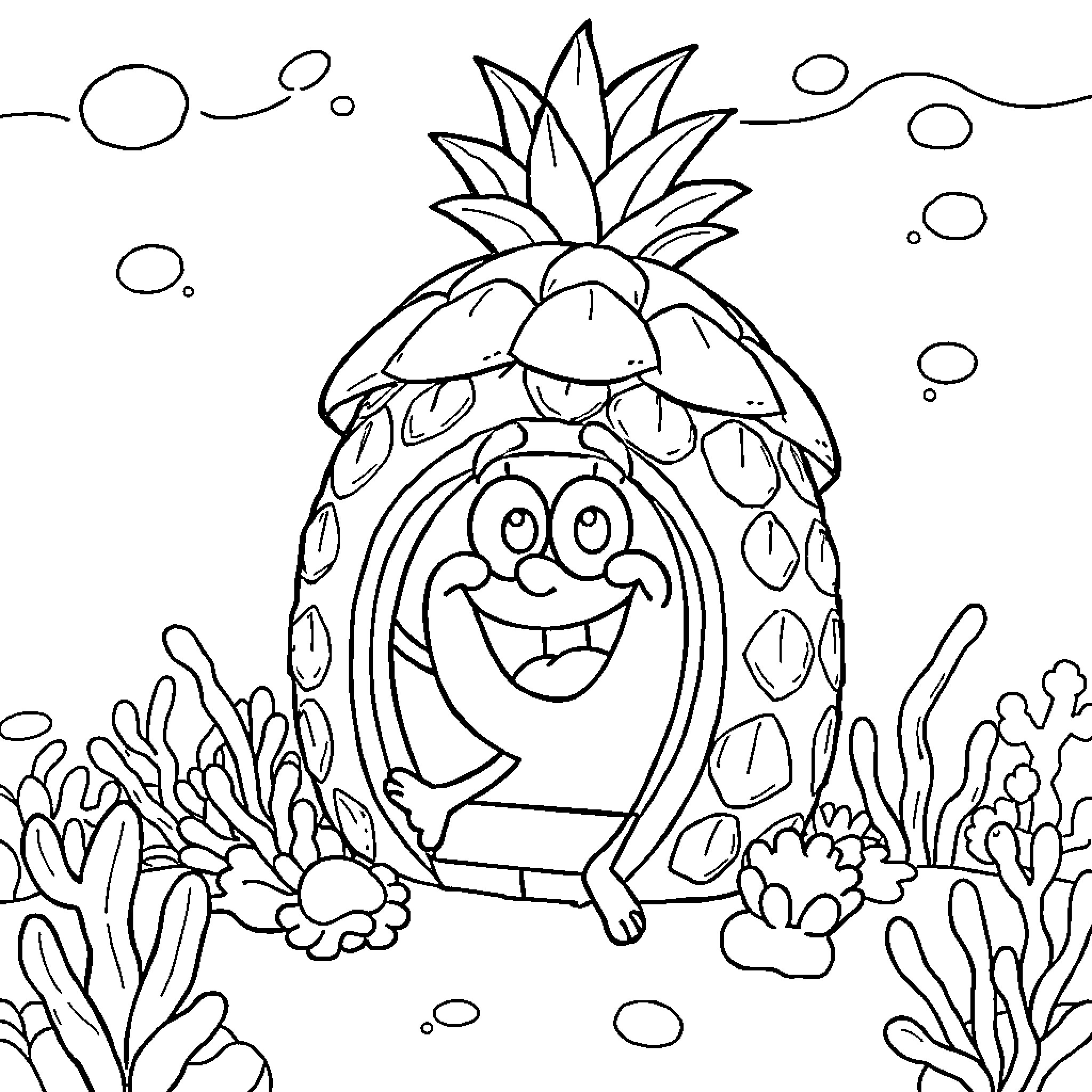 Spongebob pineapple house in the underwater world Coloring Page (free black-and-white line drawing printable PDF for all, from beginners to advanced learners, including children, teens, adults, and seniors)
