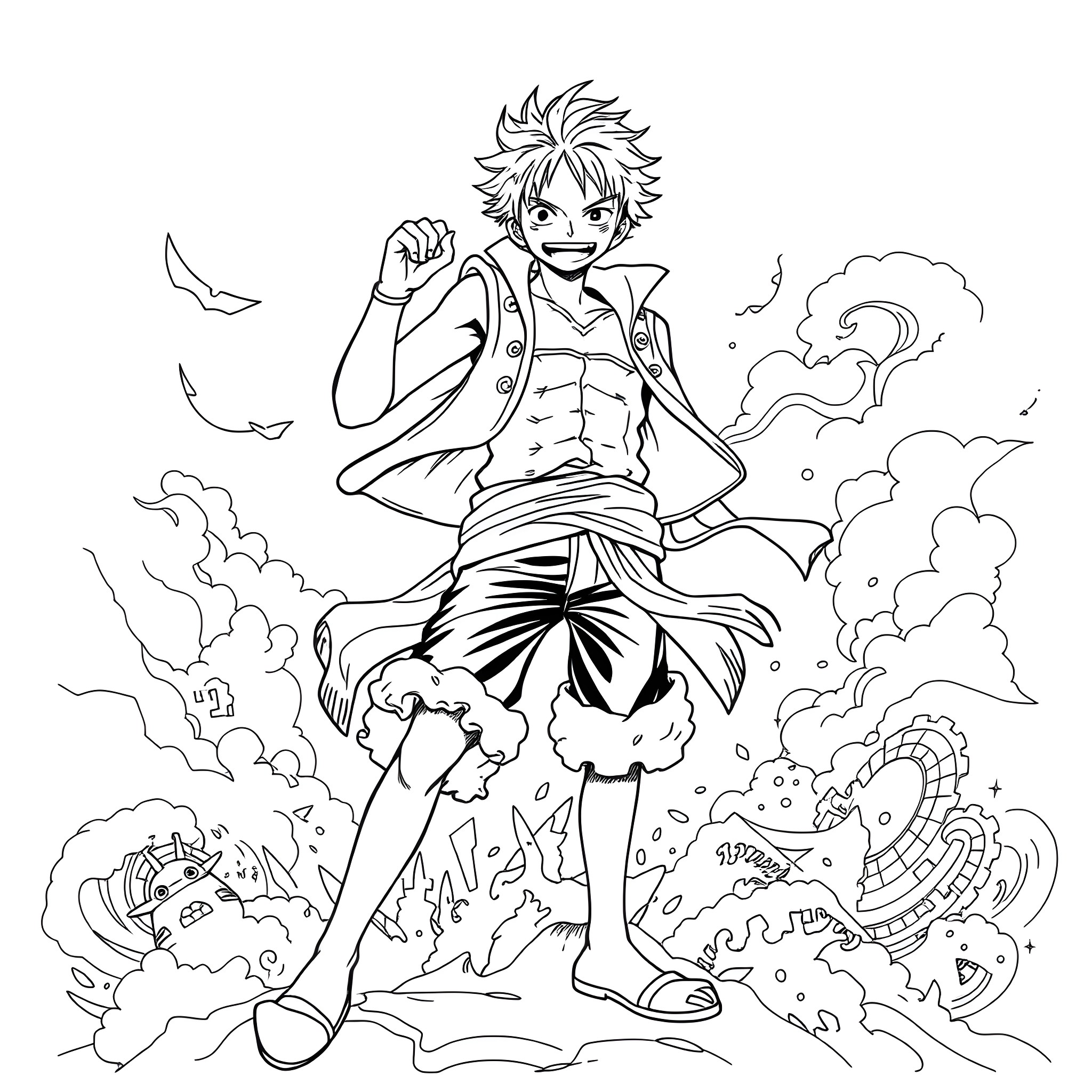 Luffy's Adventurous Journey through Fantastical Landscapes Coloring Page (free black-and-white line drawing printable PDF for all, from beginners to advanced learners, including children, teens, adults, and seniors)