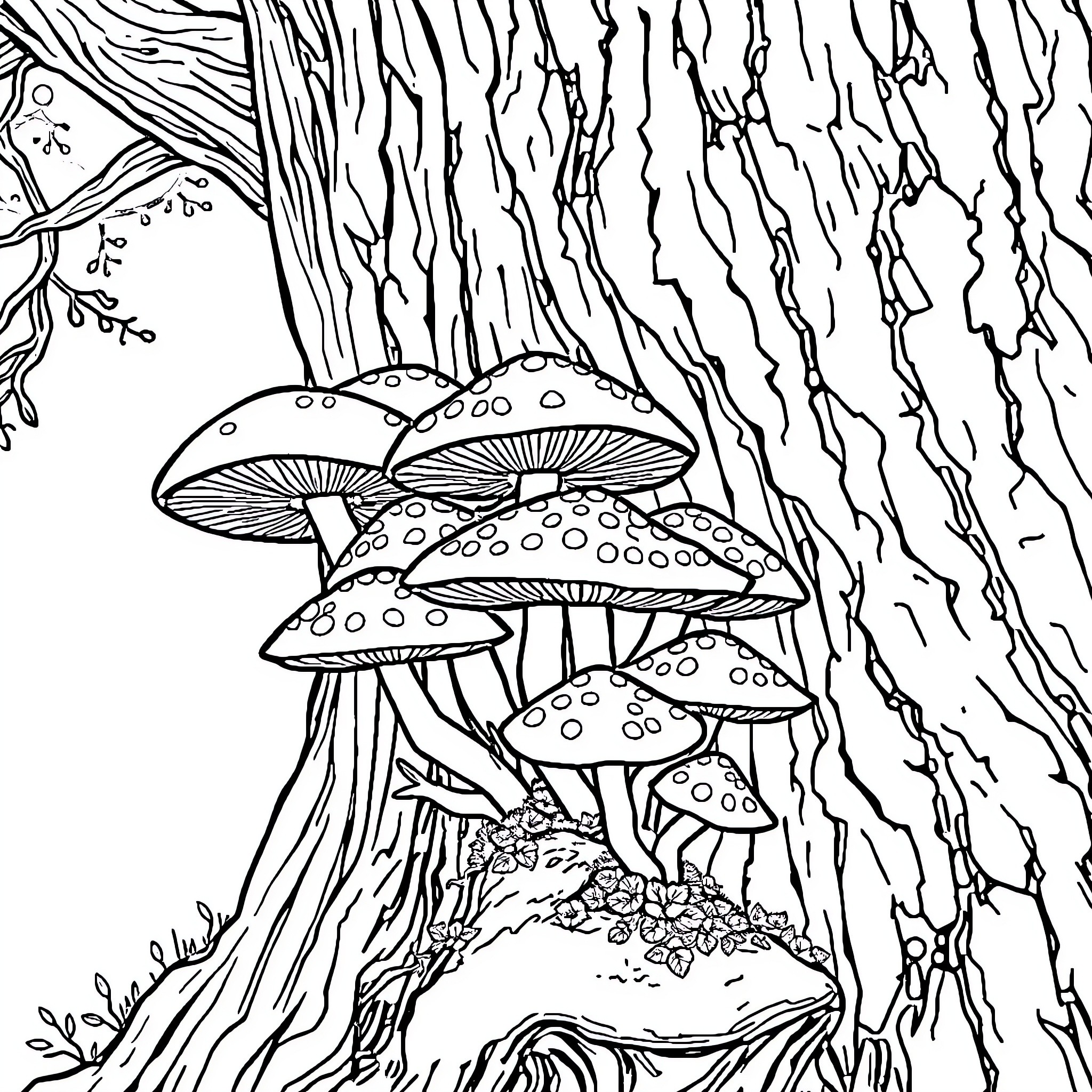 Mushroom forest with whimsical fungal growth Coloring Page (free black-and-white line drawing printable PDF for all, from beginners to advanced learners, including children, teens, adults, and seniors)