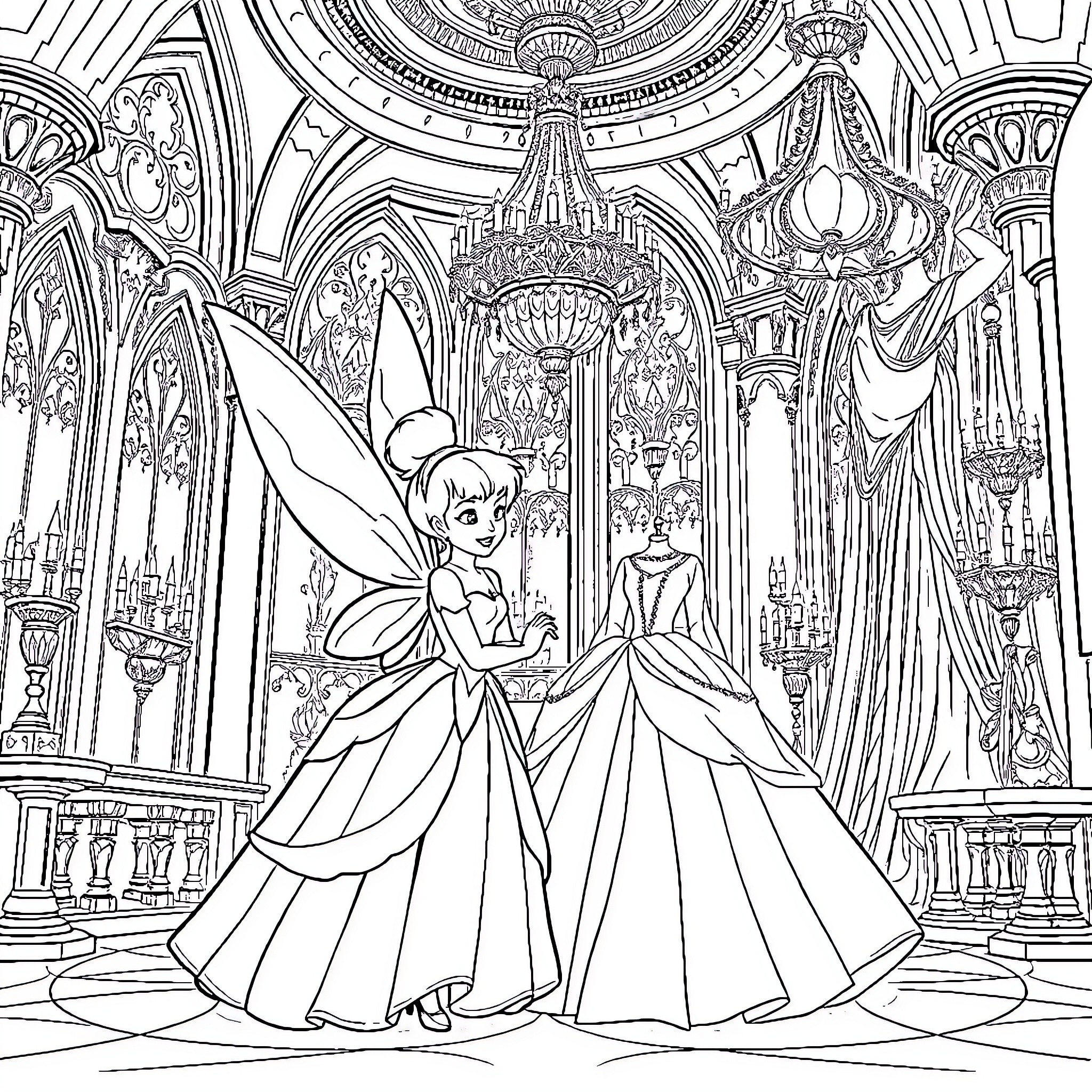 Fairy Princess in Enchanting Palace Coloring Page (free black-and-white line drawing printable PDF for all, from beginners to advanced learners, including children, teens, adults, and seniors)