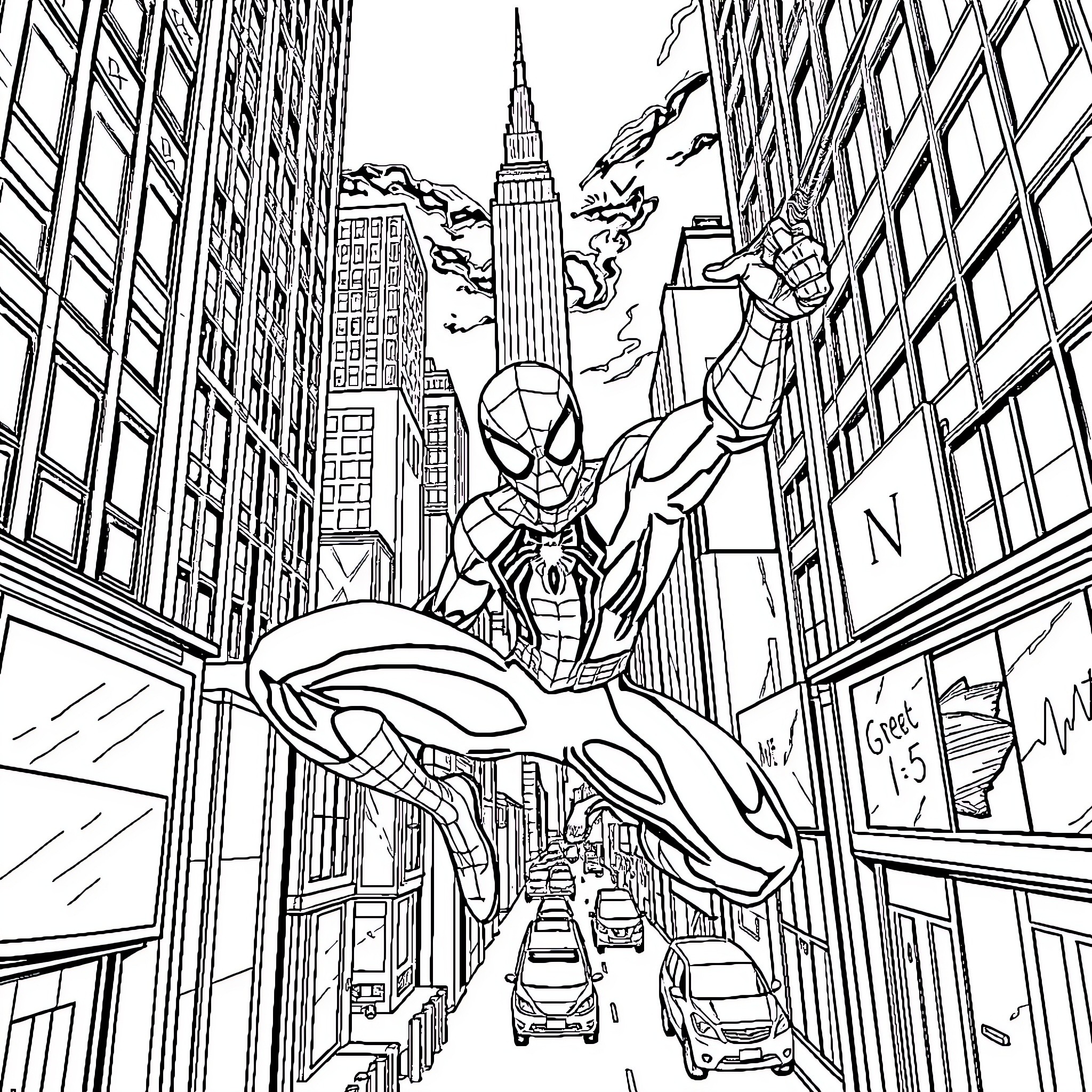 Spiderman swinging through the city skyline Coloring Page (free black-and-white line drawing printable PDF for all, from beginners to advanced learners, including children, teens, adults, and seniors)
