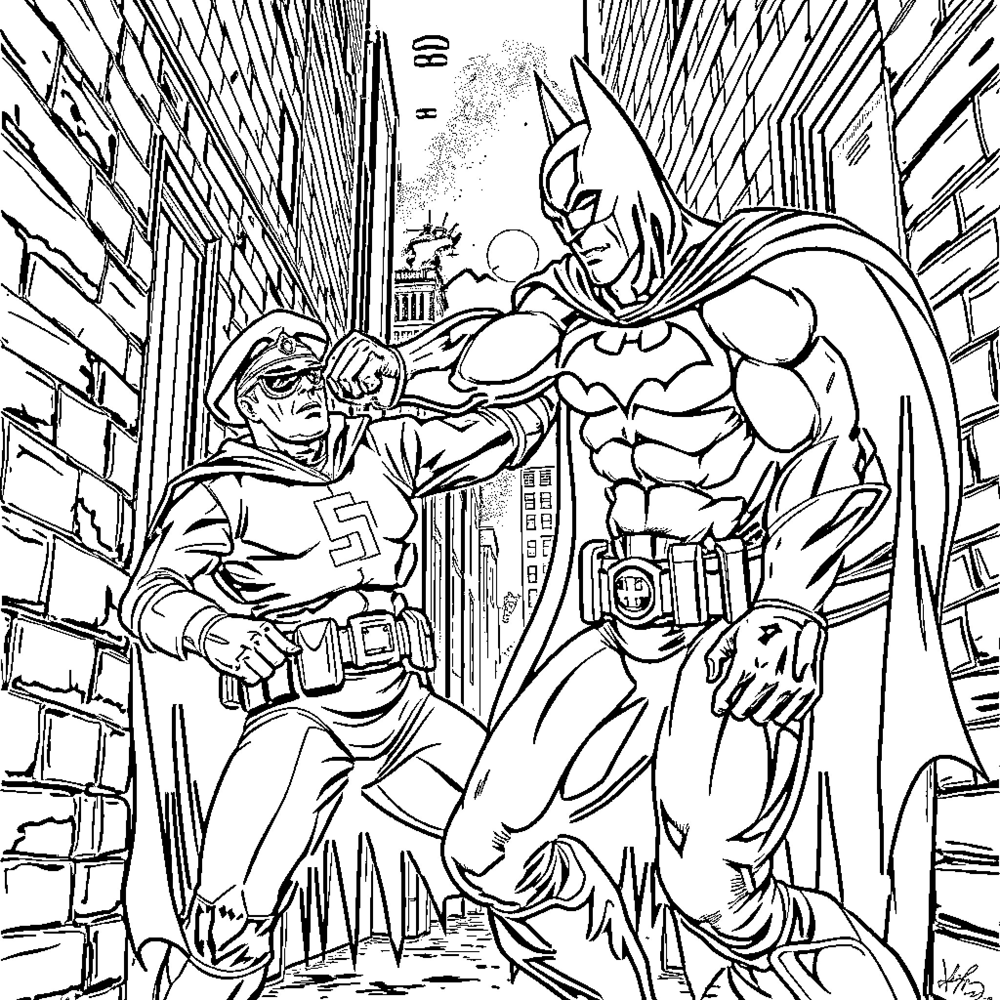 Batman Battles Nazi Villain in Dramatic Cityscape Coloring Page (free black-and-white line drawing printable PDF for all, from beginners to advanced learners, including children, teens, adults, and seniors)