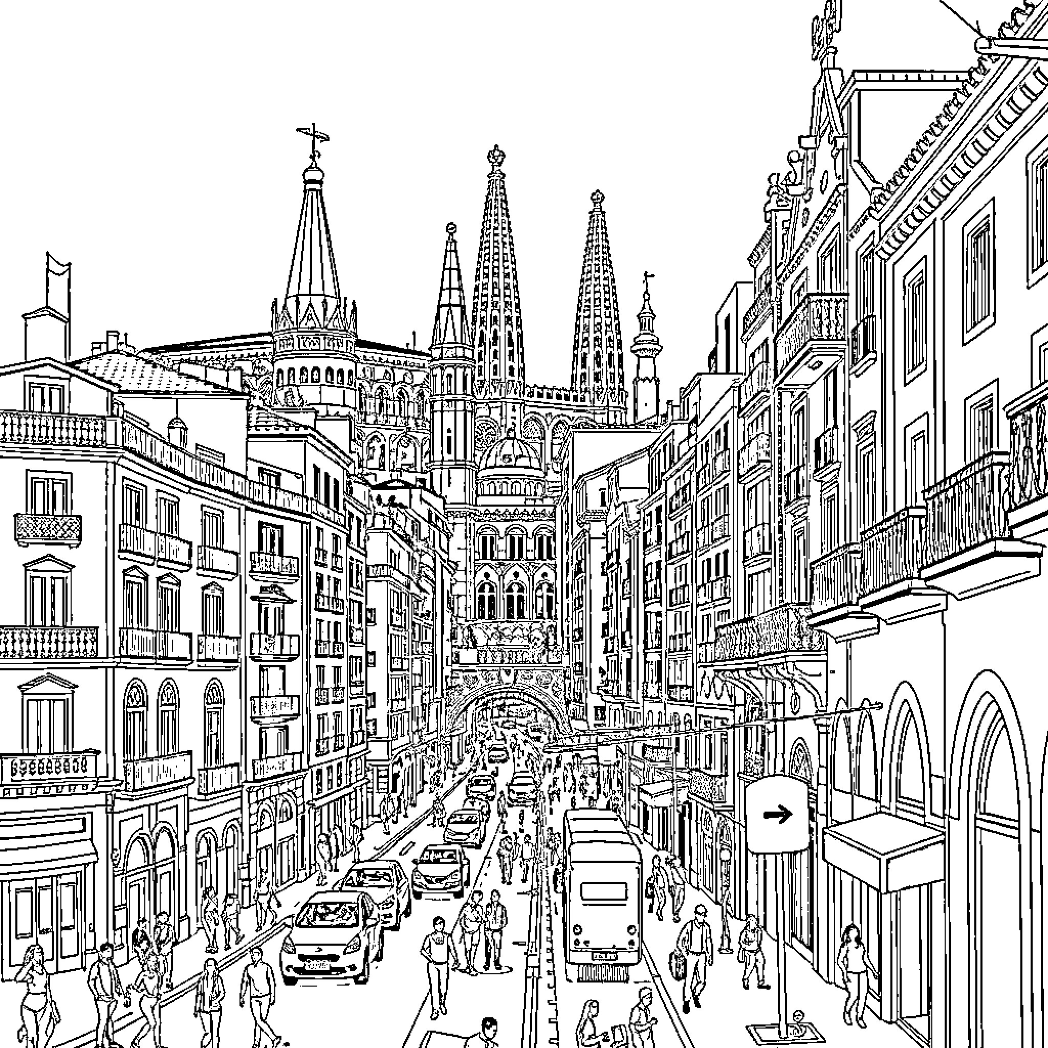 Barcelona Street Scene with Iconic Architecture Coloring Page (free black-and-white line drawing printable PDF for all, from beginners to advanced learners, including children, teens, adults, and seniors)