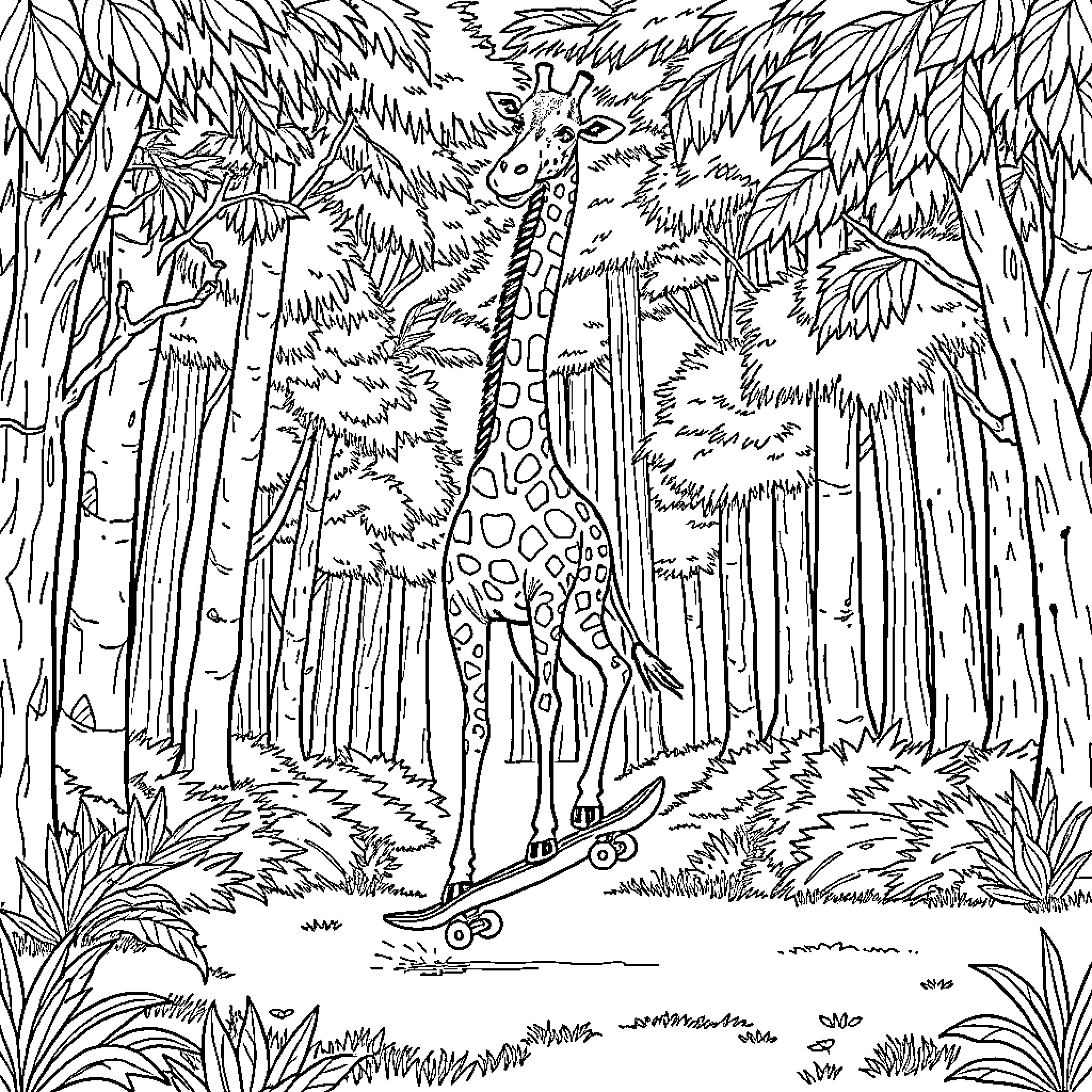 Giraffe exploring the lush jungle landscape Coloring Page (free black-and-white line drawing printable PDF for all, from beginners to advanced learners, including children, teens, adults, and seniors)
