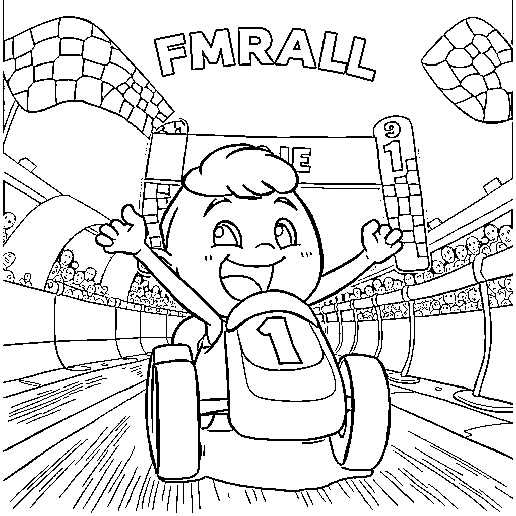Gumball character racing through a colorful track Coloring Page (free black-and-white line drawing printable PDF for all, from beginners to advanced learners, including children, teens, adults, and seniors)