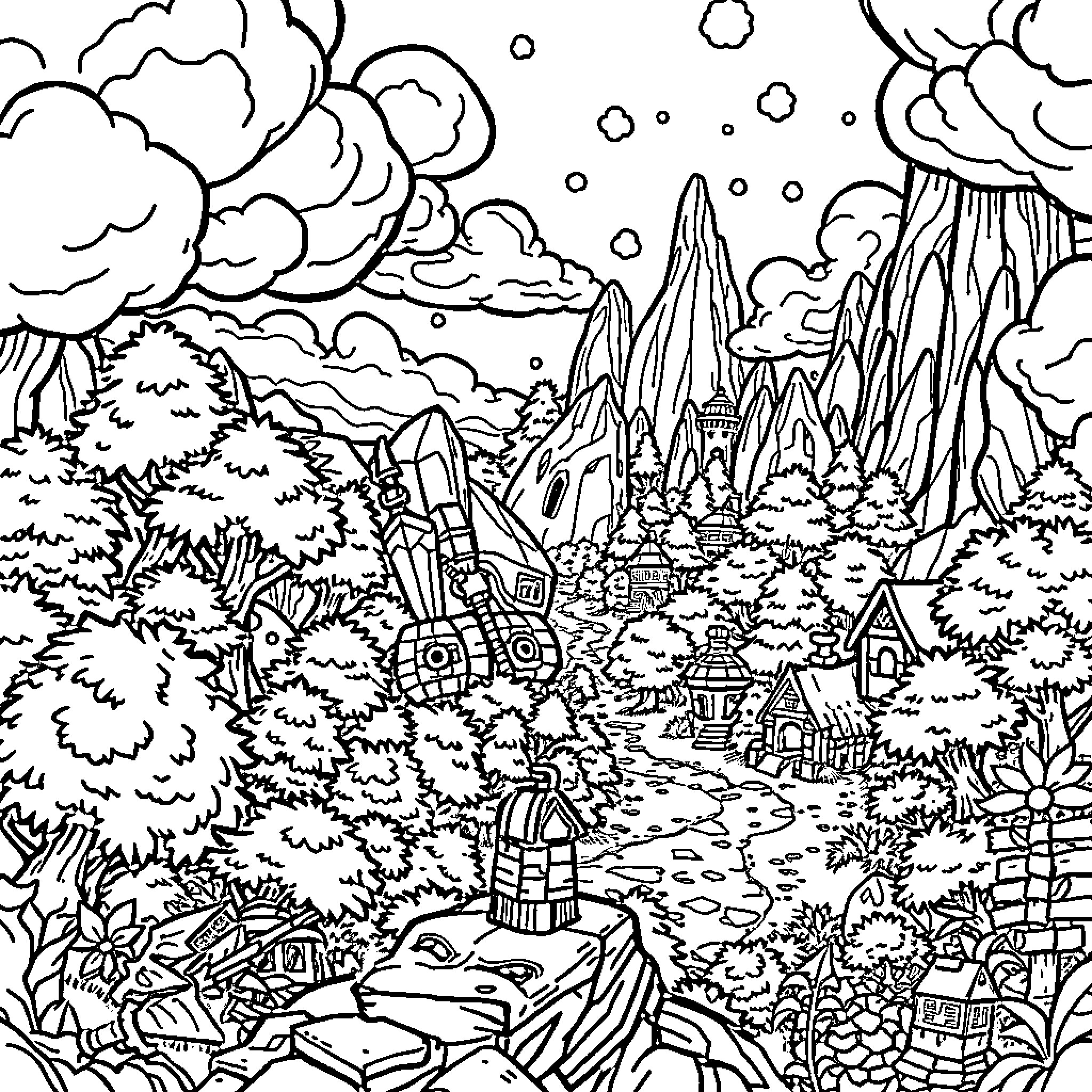 Legend of Zelda: Adventure in the Magical Forest Coloring Page (free black-and-white line drawing printable PDF for all, from beginners to advanced learners, including children, teens, adults, and seniors)