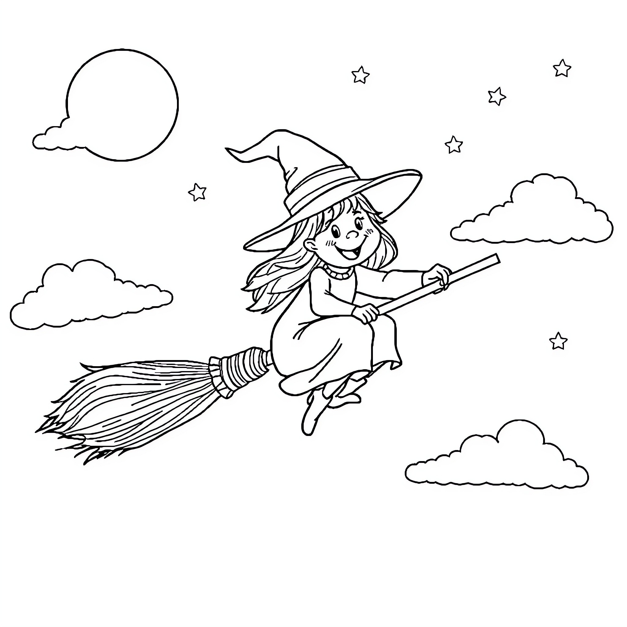 Witch flying joyfully on a broomstick under the starry night sky Coloring Page (free black-and-white line drawing printable PDF for all, from beginners to advanced learners, including children, teens, adults, and seniors)