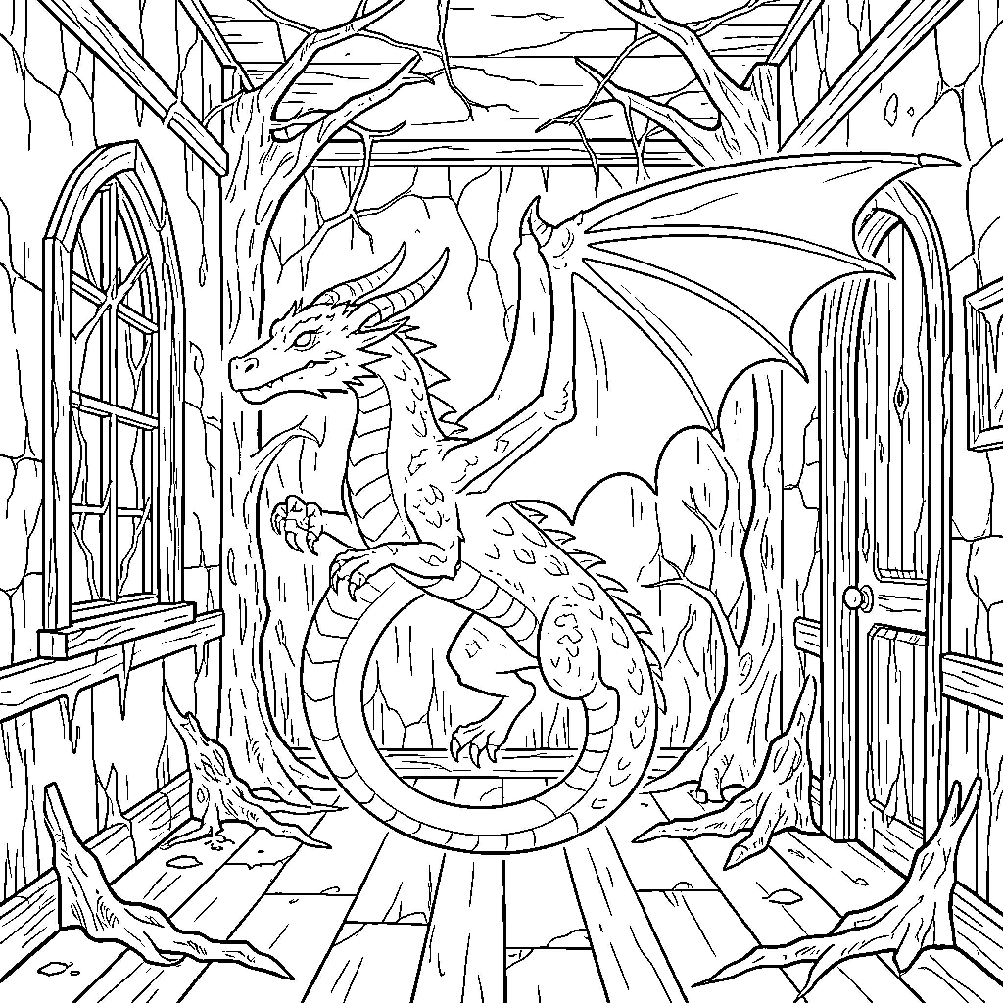 Ghost Dragon guarding an enchanted castle entrance Coloring Page (free black-and-white line drawing printable PDF for all, from beginners to advanced learners, including children, teens, adults, and seniors)