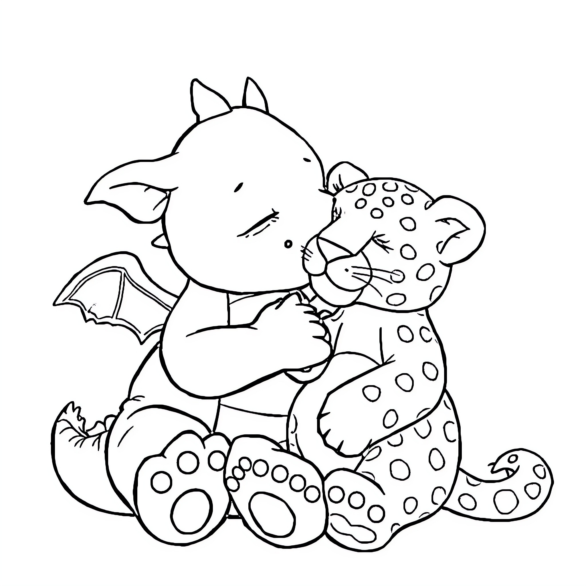 Dragon cuddling its spotted hatchling Coloring Page (free black-and-white line drawing printable PDF for all, from beginners to advanced learners, including children, teens, adults, and seniors)