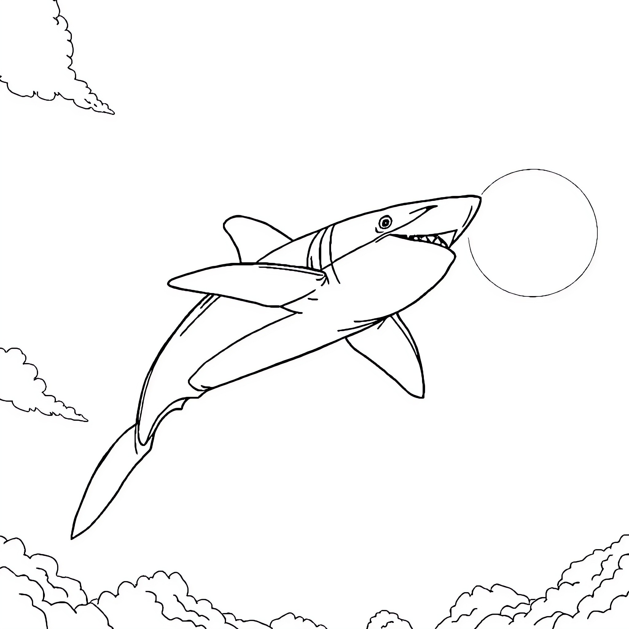 Shark jumping through moon in the sky Coloring Page (free black-and-white line drawing printable PDF for all, from beginners to advanced learners, including children, teens, adults, and seniors)