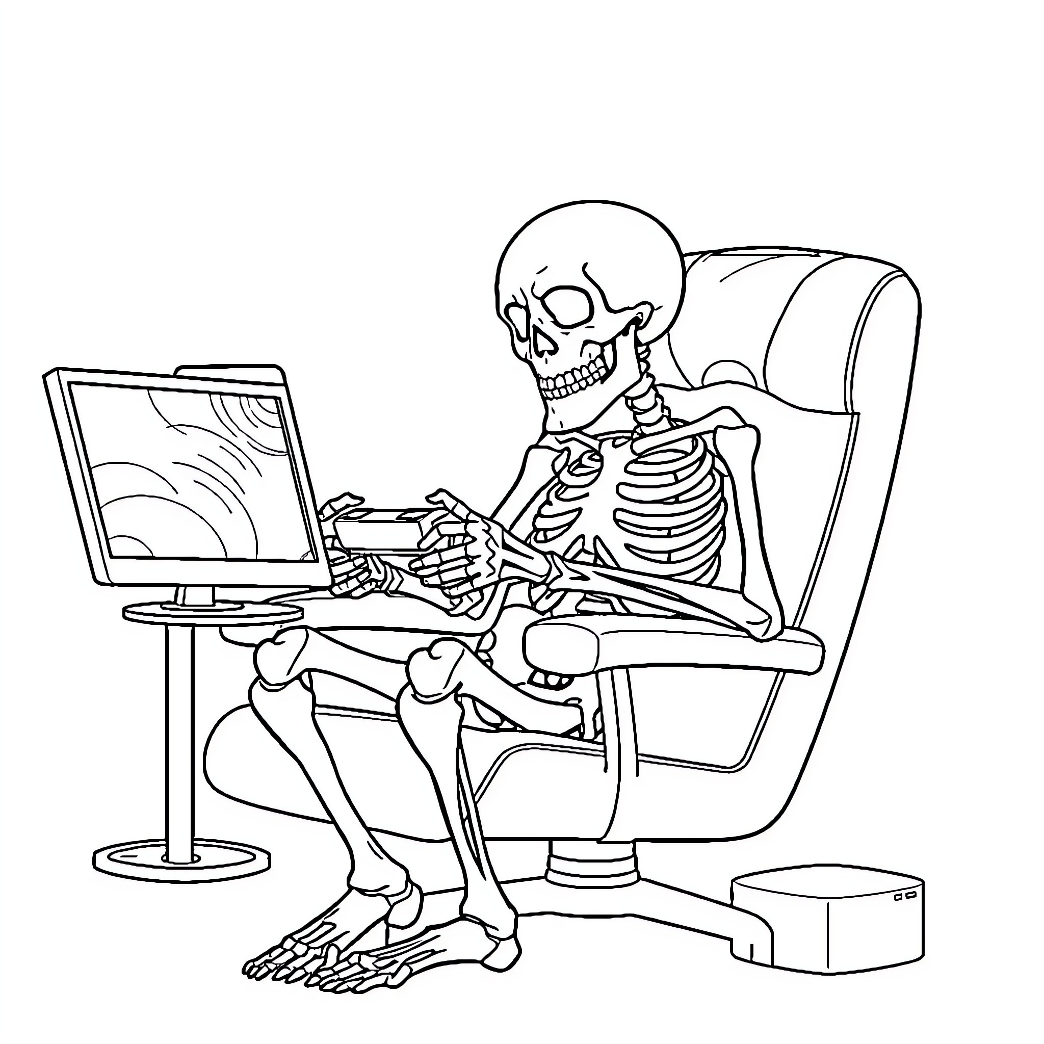 Skeleton working diligently at computer desk Coloring Page (free black-and-white line drawing printable PDF for all, from beginners to advanced learners, including children, teens, adults, and seniors)
