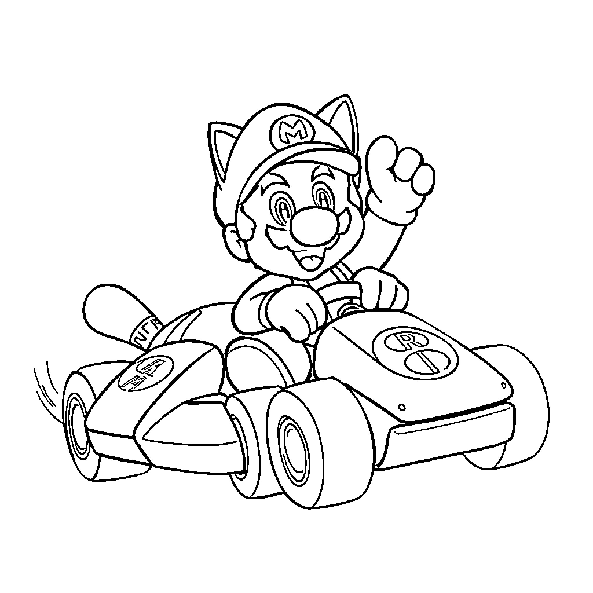 Cat Kart racing joyfully in a kart Coloring Page (free black-and-white line drawing printable PDF for all, from beginners to advanced learners, including children, teens, adults, and seniors)