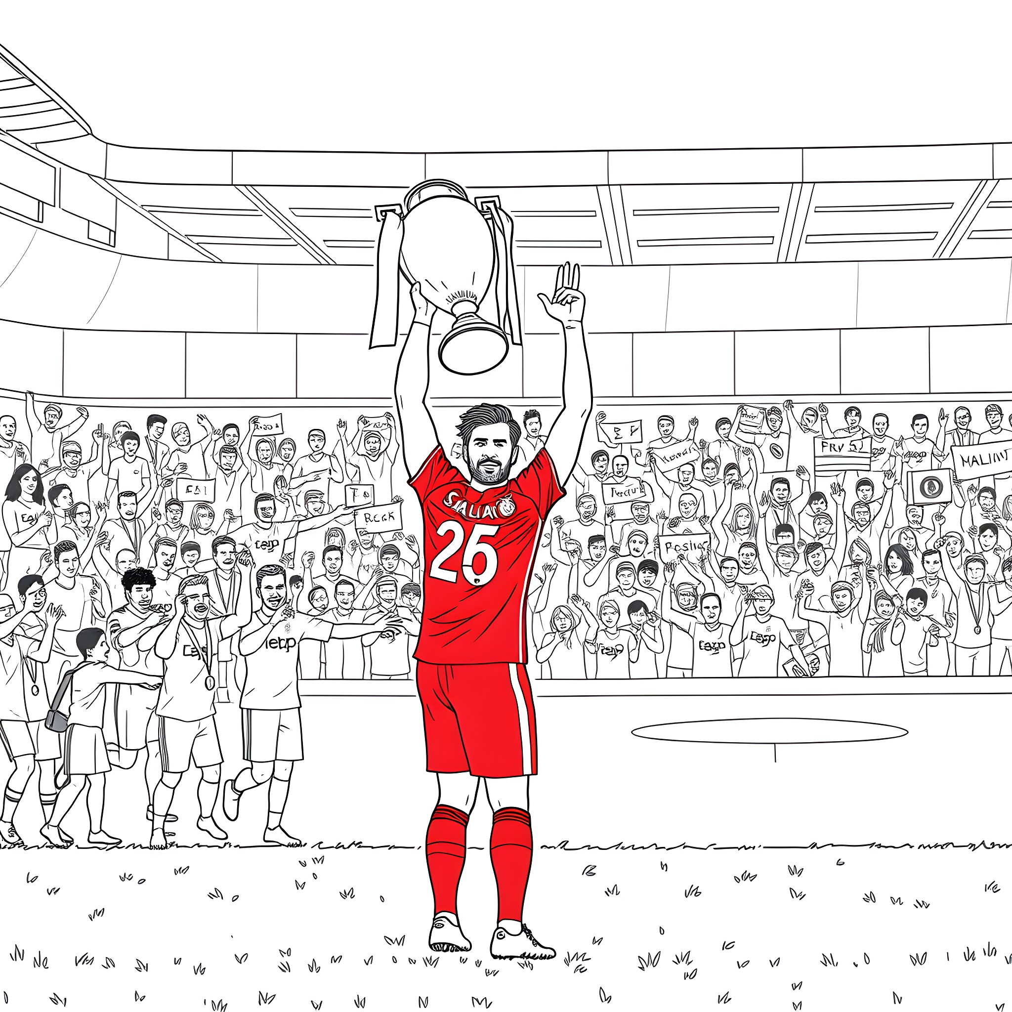 Mohamed Salah celebrating victory on the field Coloring Page (free black-and-white line drawing printable PDF for all, from beginners to advanced learners, including children, teens, adults, and seniors)