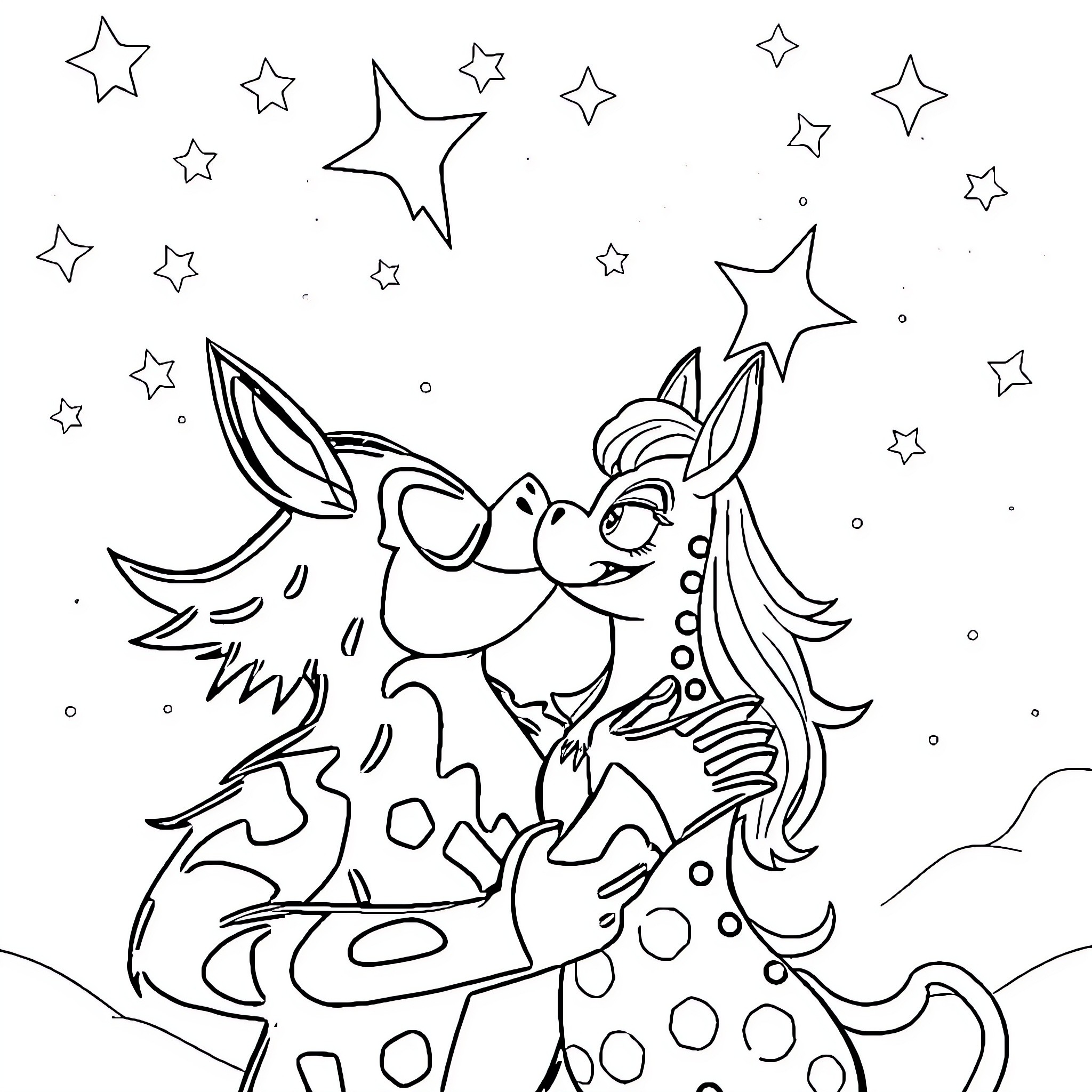Stolas the Whimsical Unicorn Frolicking in Starry Skies Coloring Page (free black-and-white line drawing printable PDF for all, from beginners to advanced learners, including children, teens, adults, and seniors)