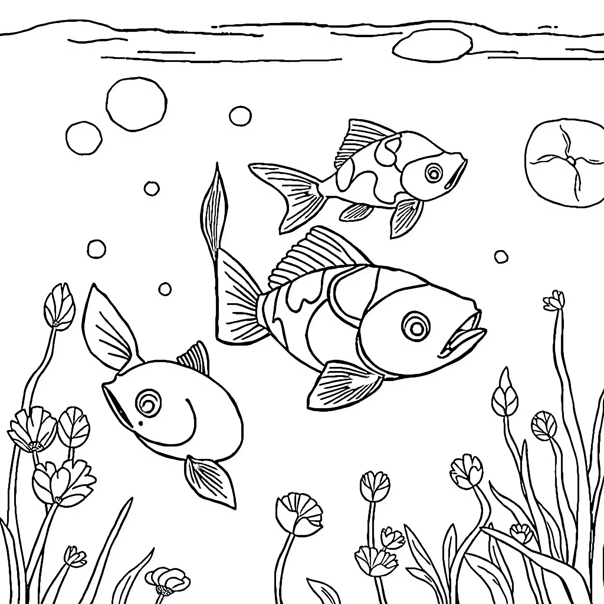 Fish swimming in the underwater scene Coloring Page (free black-and-white line drawing printable PDF for all, from beginners to advanced learners, including children, teens, adults, and seniors)