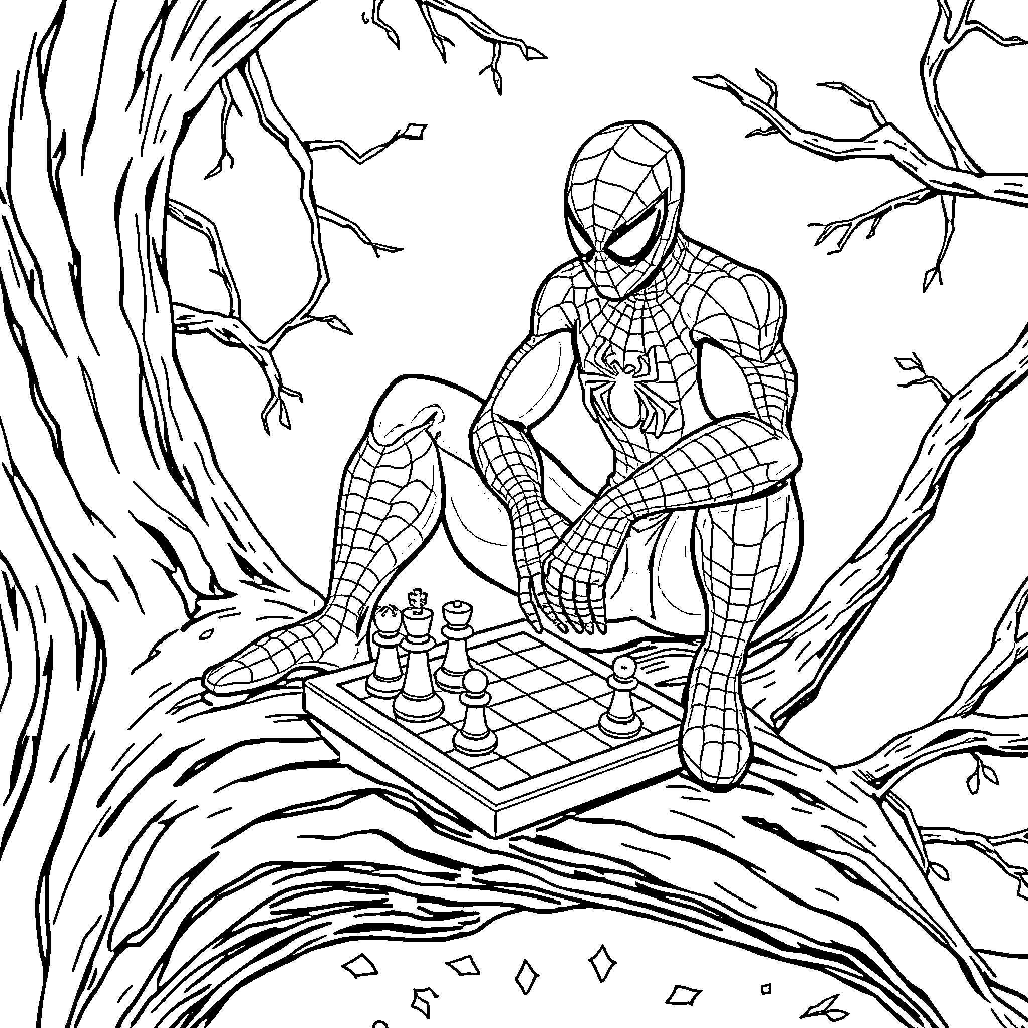 Spiderman playing chess in a mysterious forest Coloring Page (free black-and-white line drawing printable PDF for all, from beginners to advanced learners, including children, teens, adults, and seniors)