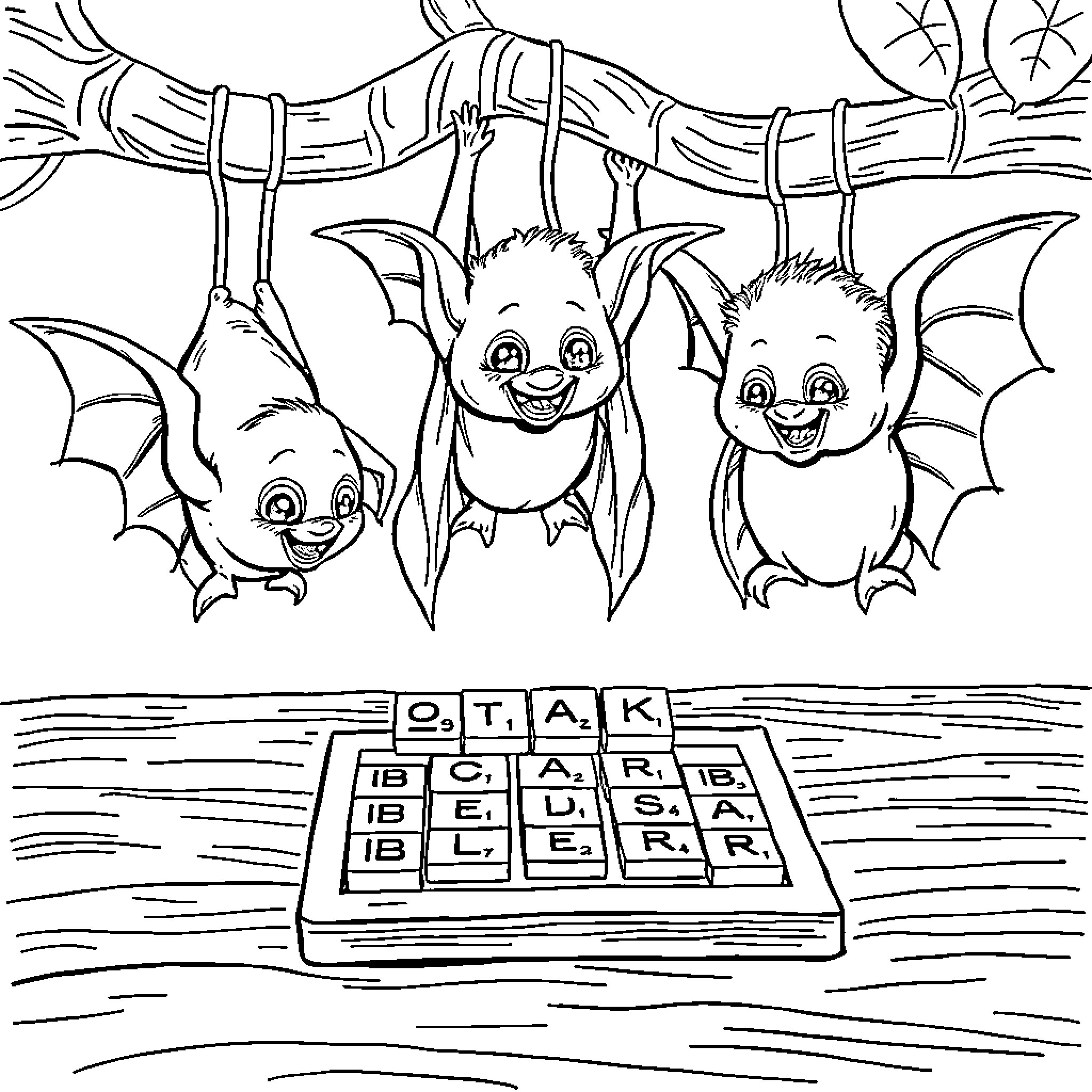 Bats hanging upside down and playing on a typewriter Coloring Page (free black-and-white line drawing printable PDF for all, from beginners to advanced learners, including children, teens, adults, and seniors)