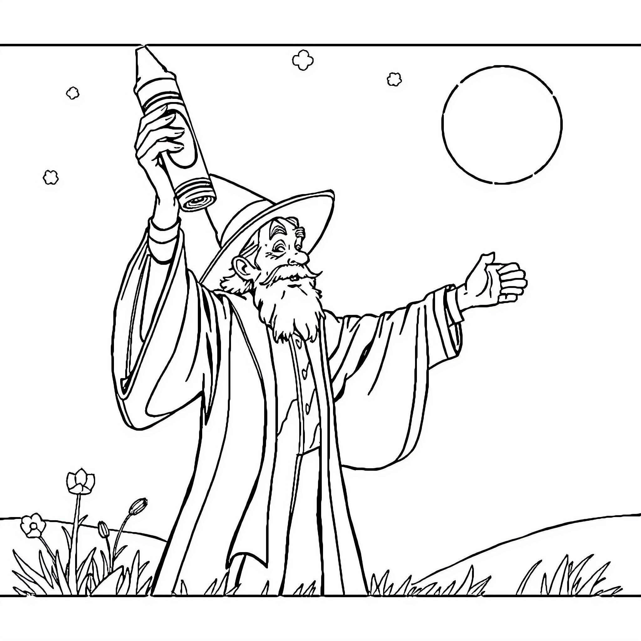 Wizard casting magical spells in enchanted landscape Coloring Page (free black-and-white line drawing printable PDF for all, from beginners to advanced learners, including children, teens, adults, and seniors)