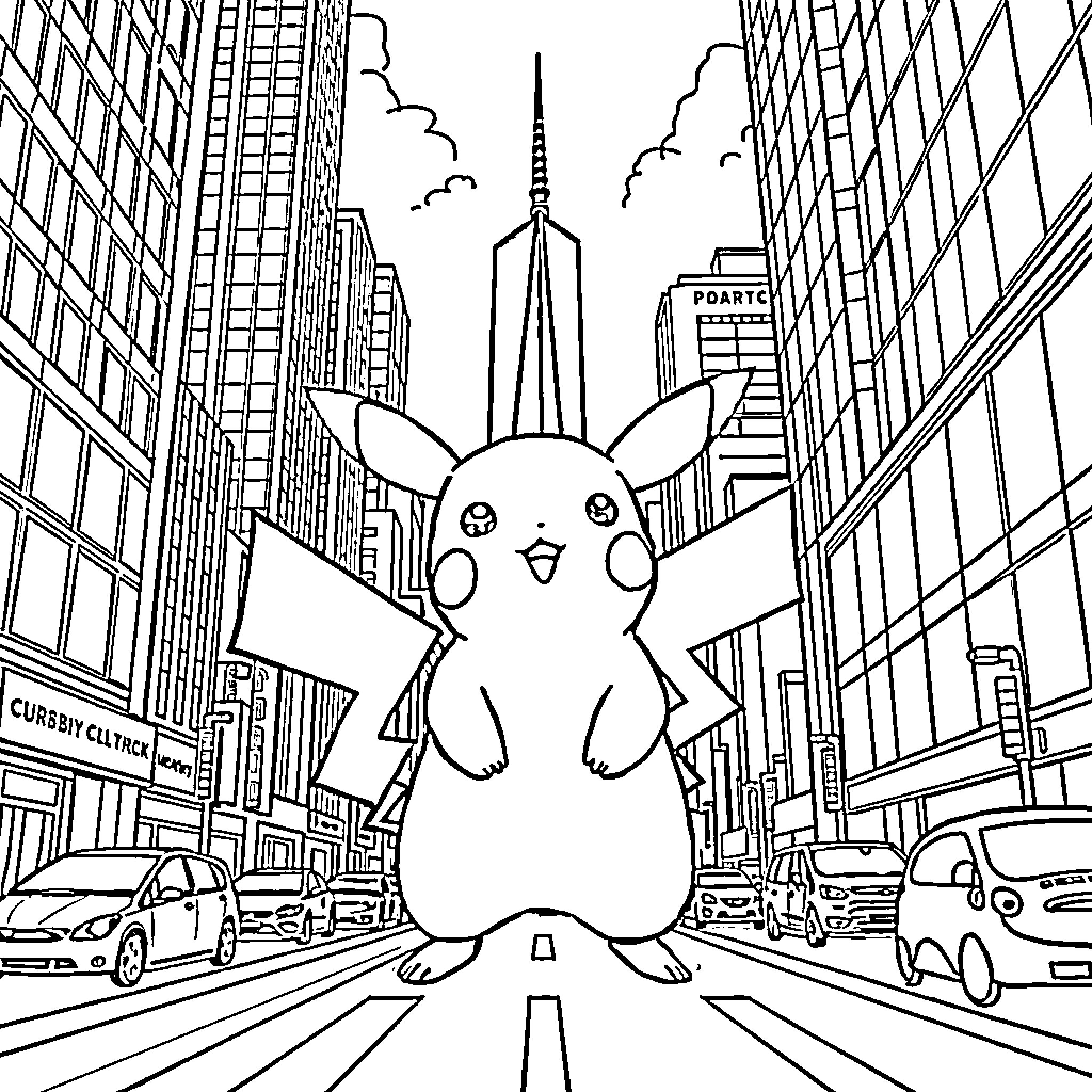 Pikachu exploring the bustling city streets Coloring Page (free black-and-white line drawing printable PDF for all, from beginners to advanced learners, including children, teens, adults, and seniors)