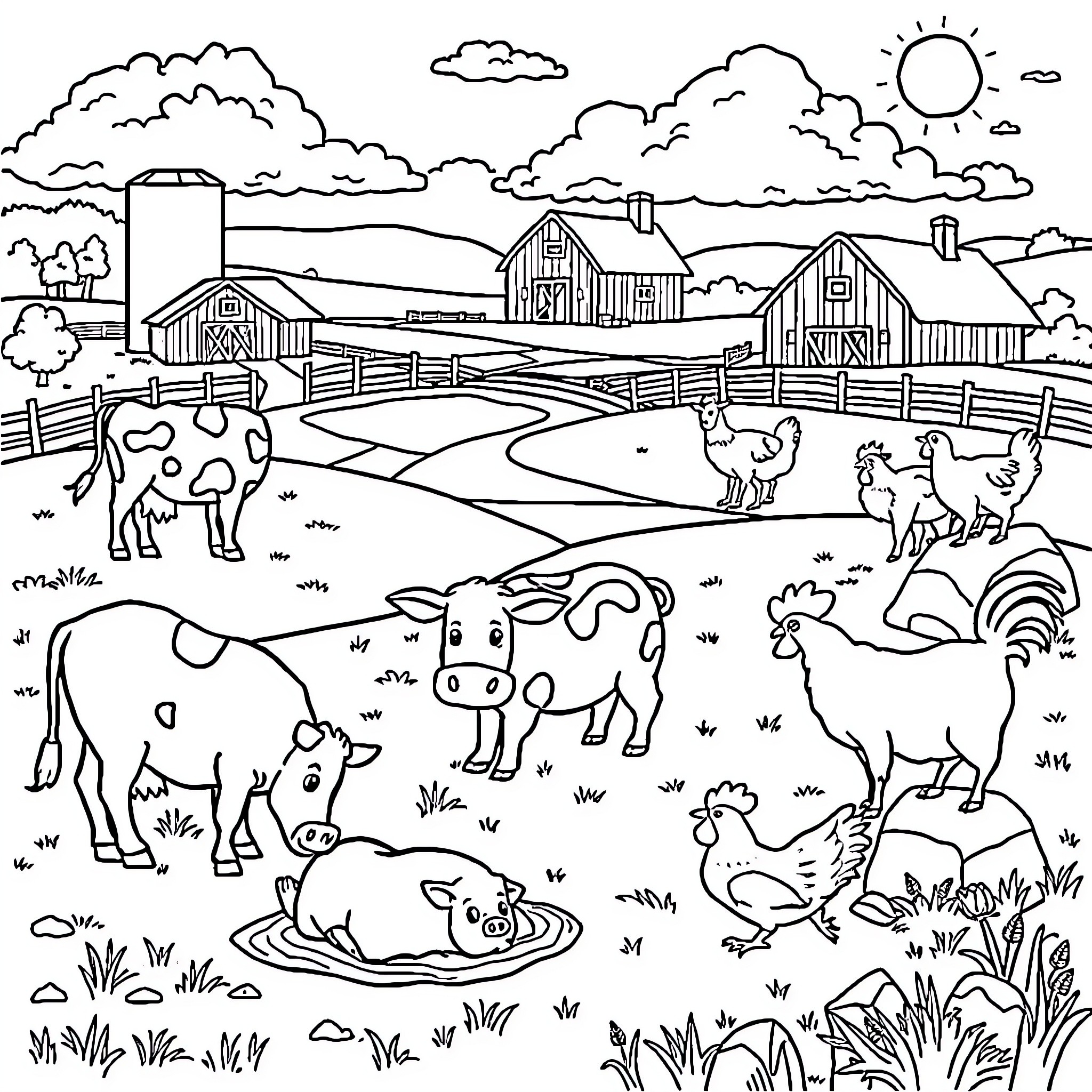 Farm Animal Farmyard Scene with Livestock Coloring Page (free black-and-white line drawing printable PDF for all, from beginners to advanced learners, including children, teens, adults, and seniors)