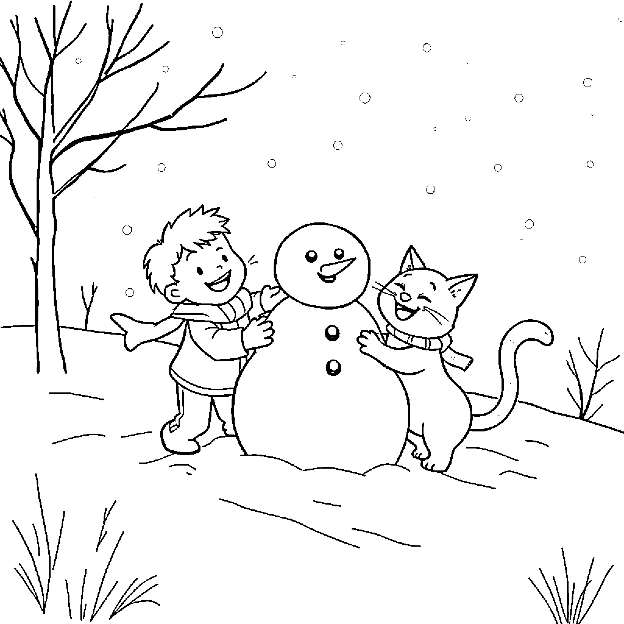 Cat and child playing in the snow with snowman Coloring Page (free black-and-white line drawing printable PDF for all, from beginners to advanced learners, including children, teens, adults, and seniors)