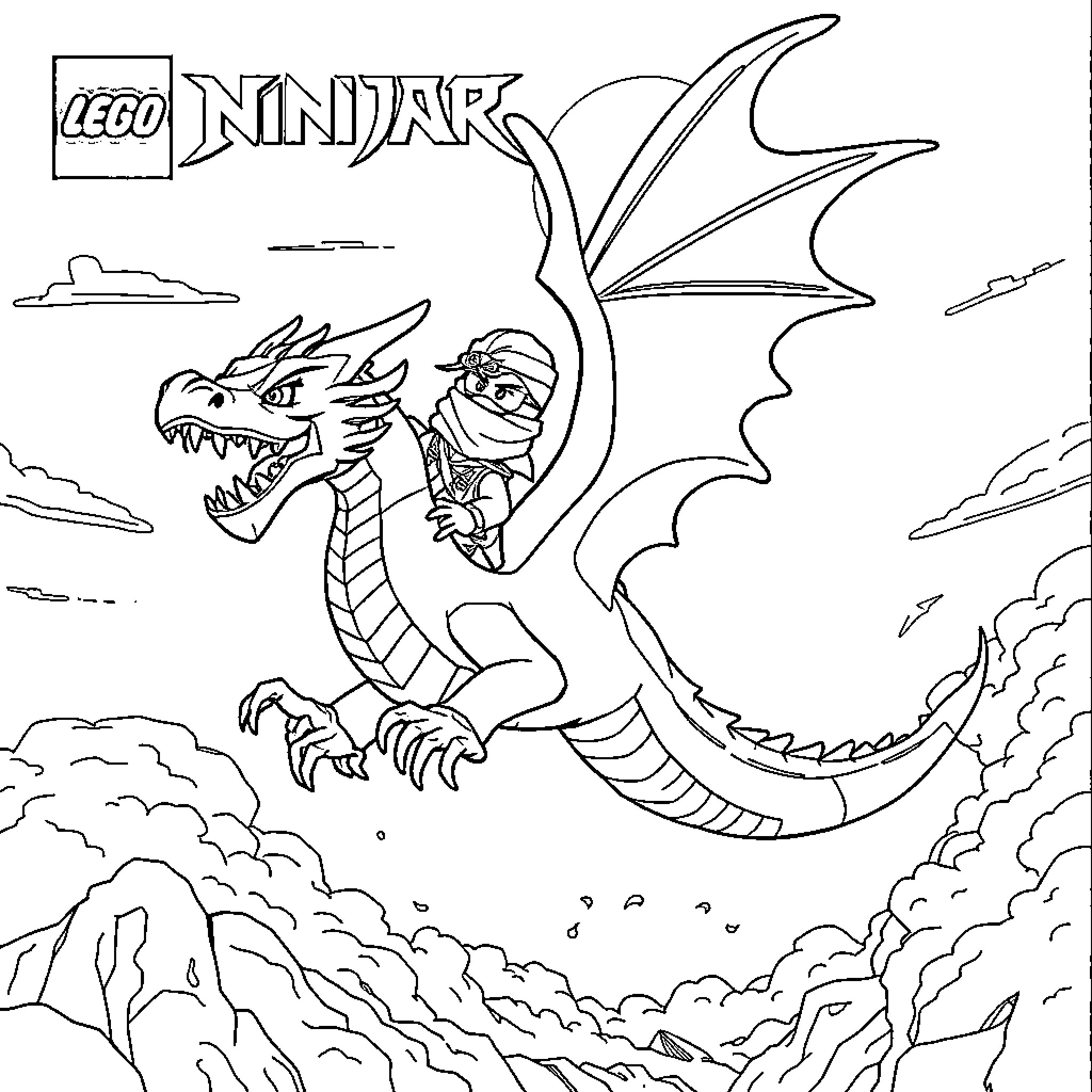 Dragon warrior riding a fierce dragon in the sky Coloring Page (free black-and-white line drawing printable PDF for all, from beginners to advanced learners, including children, teens, adults, and seniors)