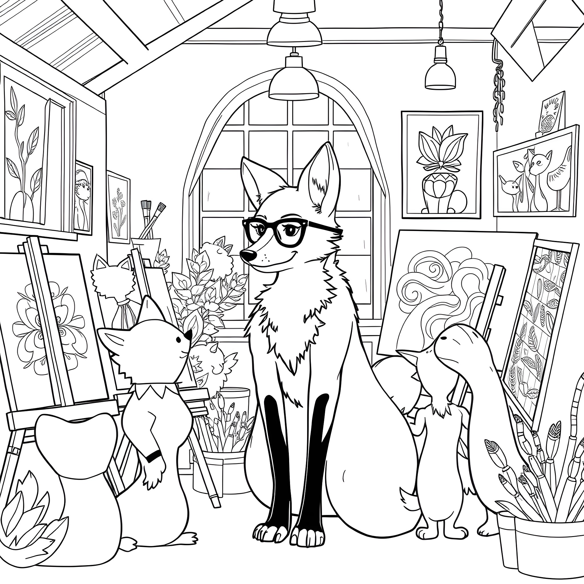 Fox in an artistic studio with paintings and flowers Coloring Page (free black-and-white line drawing printable PDF for all, from beginners to advanced learners, including children, teens, adults, and seniors)