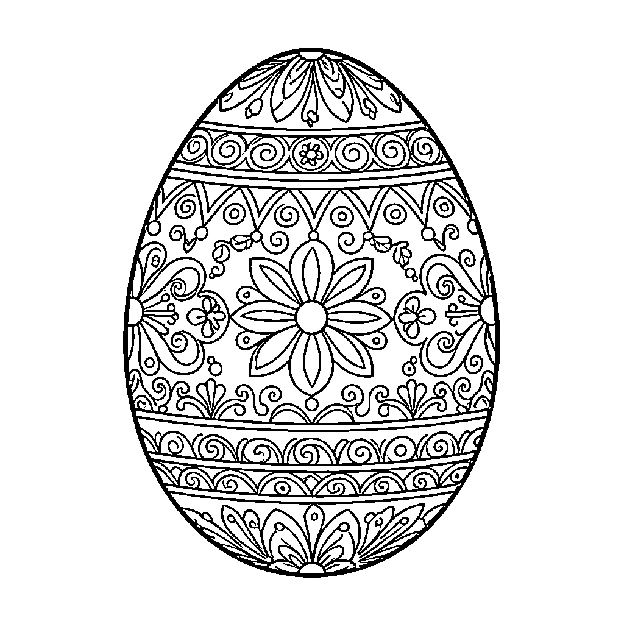 Easter Egg decorated with intricate floral and swirling patterns Coloring Page (free black-and-white line drawing printable PDF for all, from beginners to advanced learners, including children, teens, adults, and seniors)