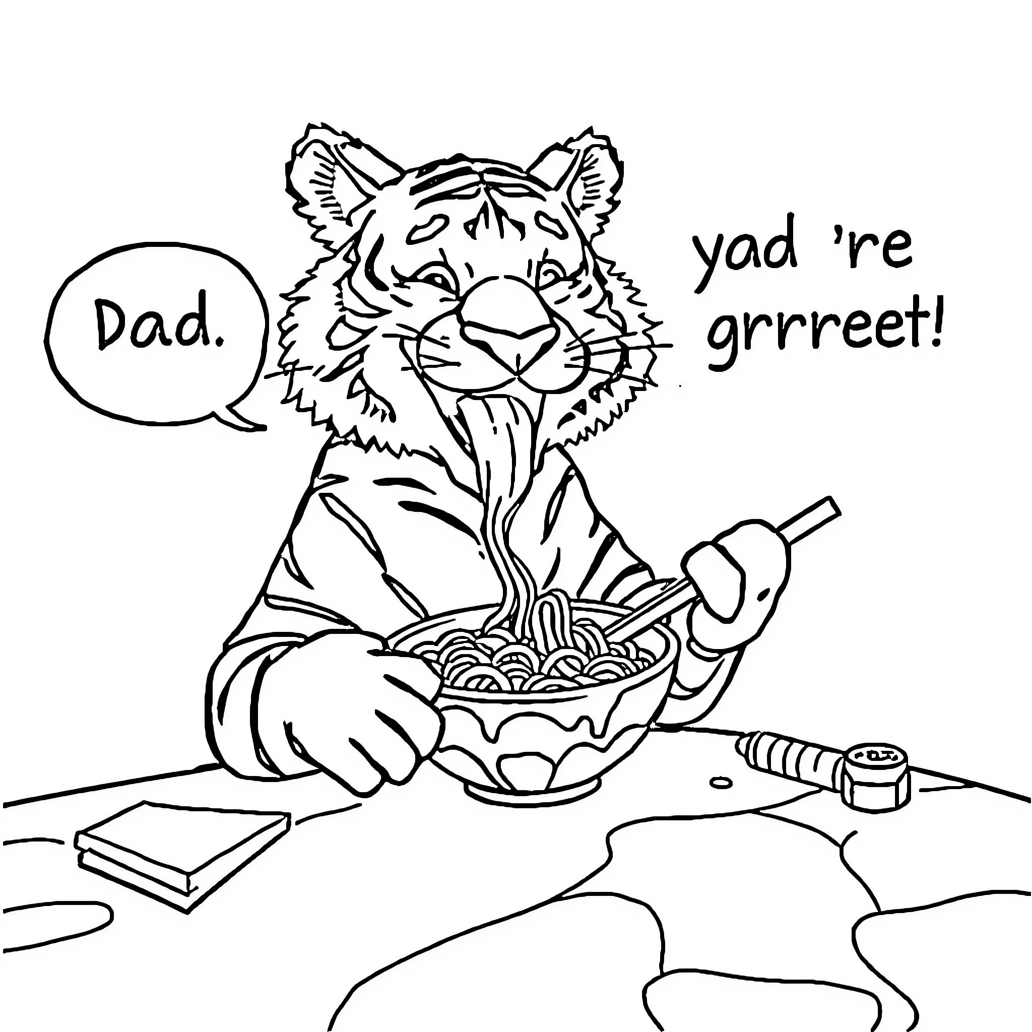 Tiger enjoying a tasty meal with quirky expressions Coloring Page (free black-and-white line drawing printable PDF for all, from beginners to advanced learners, including children, teens, adults, and seniors)