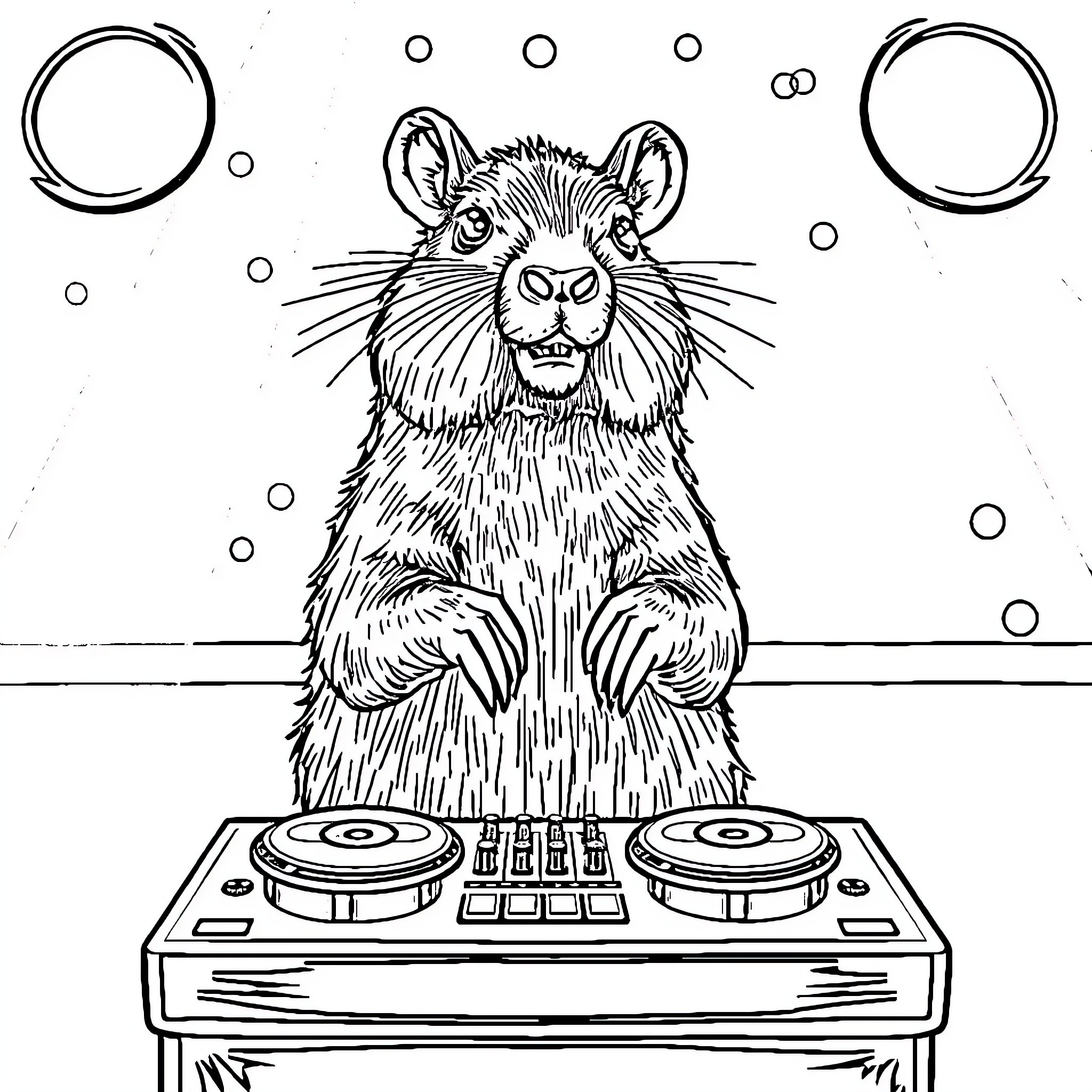 Capybara DJ mixing music with energy Coloring Page (free black-and-white line drawing printable PDF for all, from beginners to advanced learners, including children, teens, adults, and seniors)