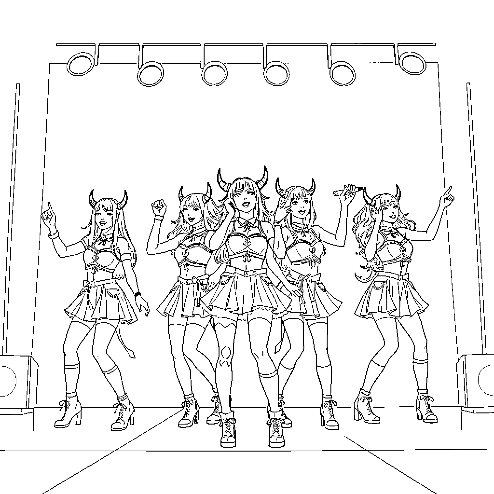 Demon Hunter Performers Showcasing Fierce Poses on Stage Coloring Page (free black-and-white line drawing printable PDF for all, from beginners to advanced learners, including children, teens, adults, and seniors)