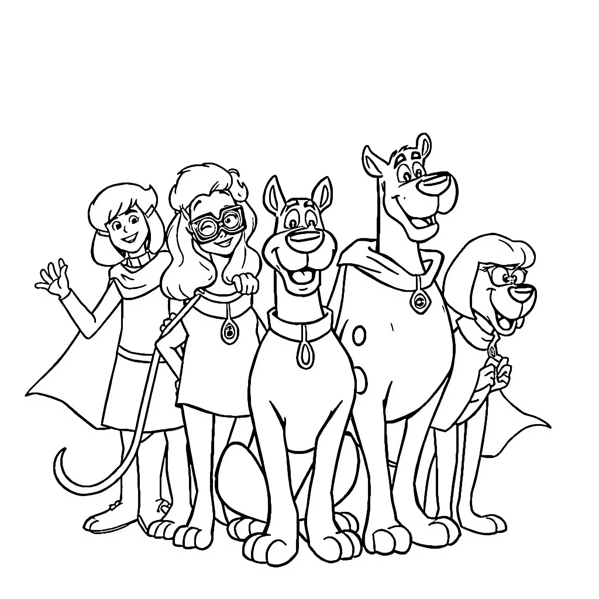 Scooby Doo and friends in an adventure Coloring Page (free black-and-white line drawing printable PDF for all, from beginners to advanced learners, including children, teens, adults, and seniors)