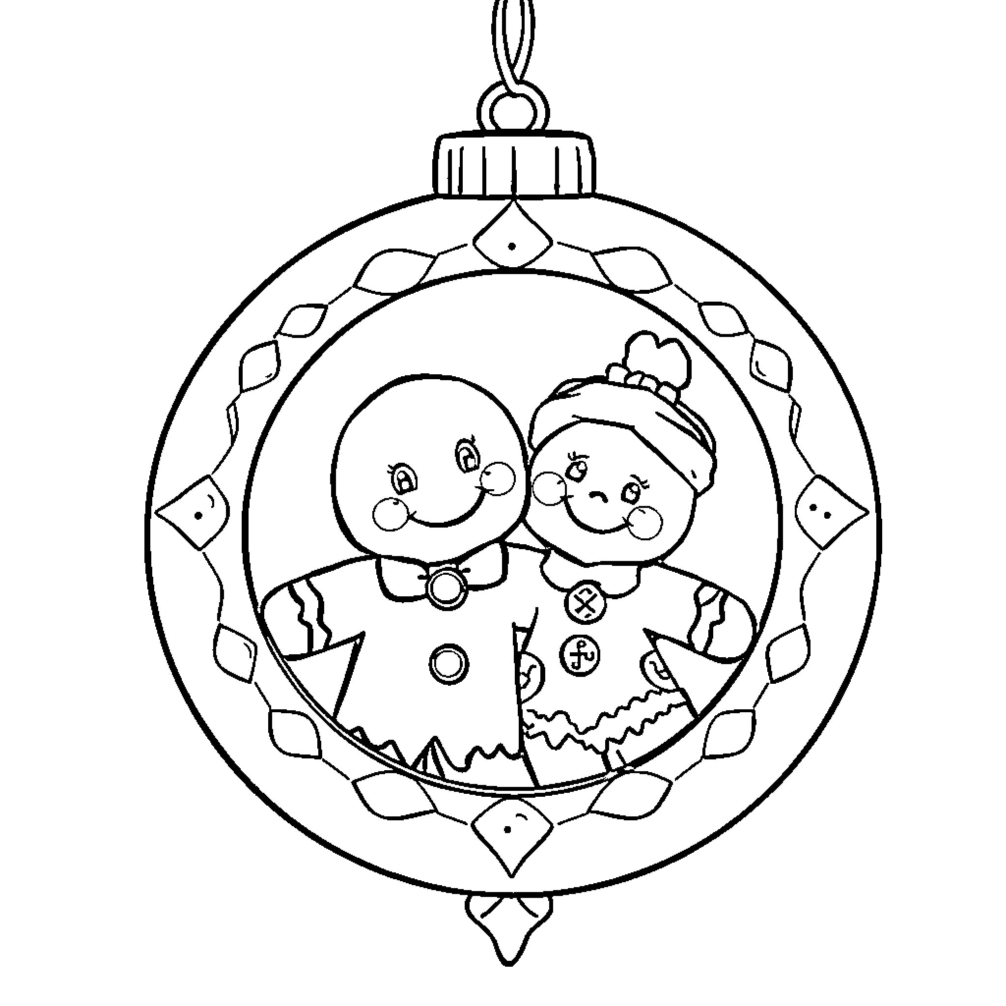Gingerbread couple in festive ornament Coloring Page (free black-and-white line drawing printable PDF for all, from beginners to advanced learners, including children, teens, adults, and seniors)