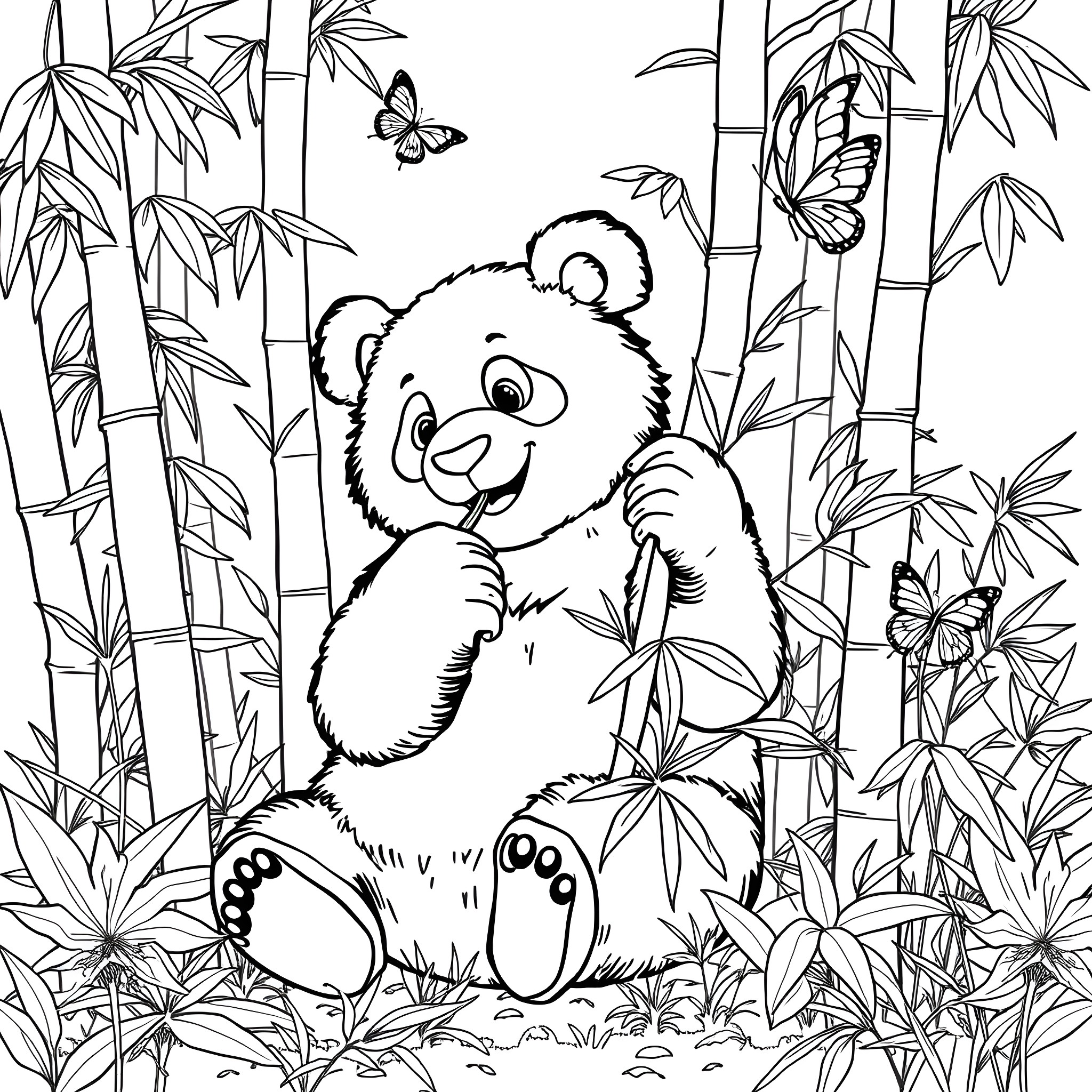 Panda relaxing amidst bamboo forest with butterflies Coloring Page (free black-and-white line drawing printable PDF for all, from beginners to advanced learners, including children, teens, adults, and seniors)