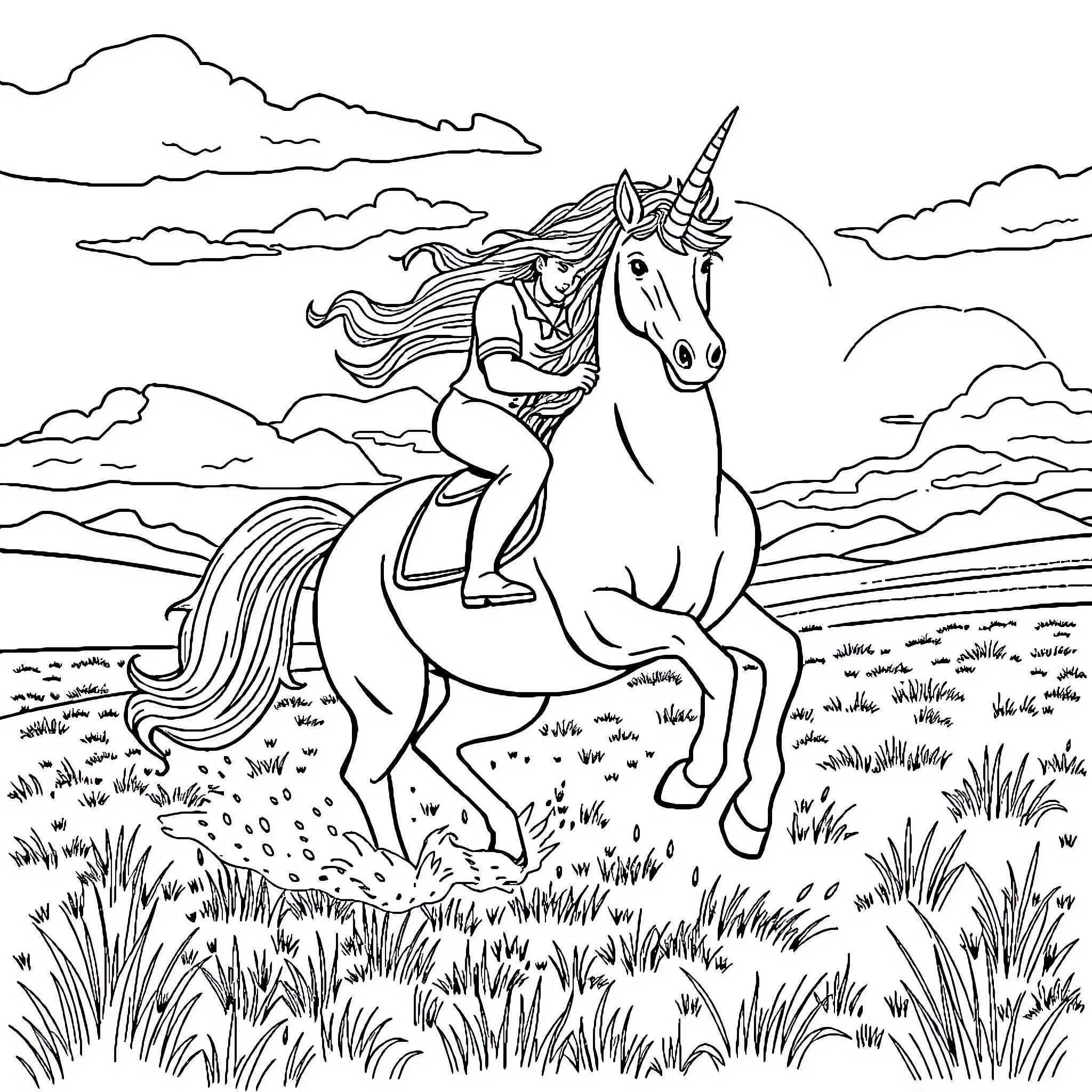 Unicorn Riding Through the Enchanted Meadow Coloring Page (free black-and-white line drawing printable PDF for all, from beginners to advanced learners, including children, teens, adults, and seniors)
