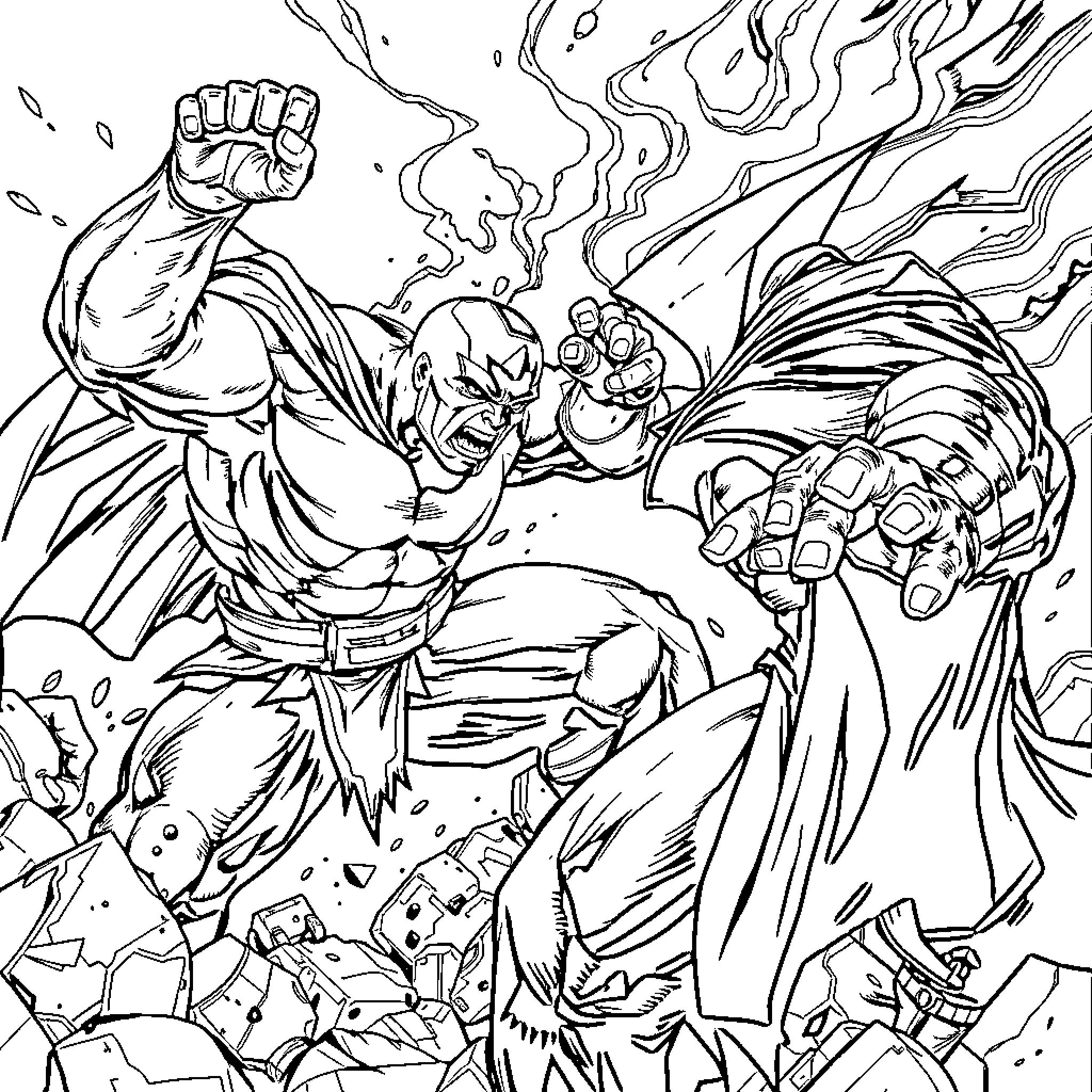 Shadow Battle of Powerful Figures Coloring Page (free black-and-white line drawing printable PDF for all, from beginners to advanced learners, including children, teens, adults, and seniors)